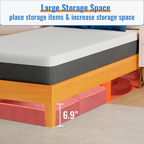 Miniatura 17 de PayLessHere Base de cama de plataforma de madera con cabecero tamaño King, base de madera maciza, soporte de listones de madera, no necesita somier,