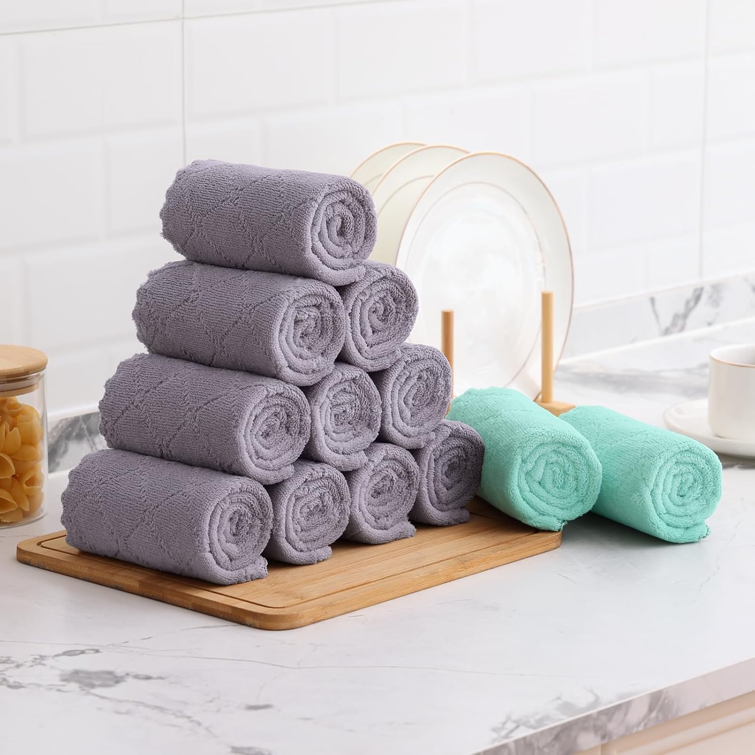 Mordimy 12 Pack Kitchen Cloths Dish Towels (10" x 10", Grey & Green), Super Soft and Absorbent Dish Cloths, Coral Velvet Microfiber Cleaning Cloth, Nonstick Oil Fast Dry Dishcloths - Image 8