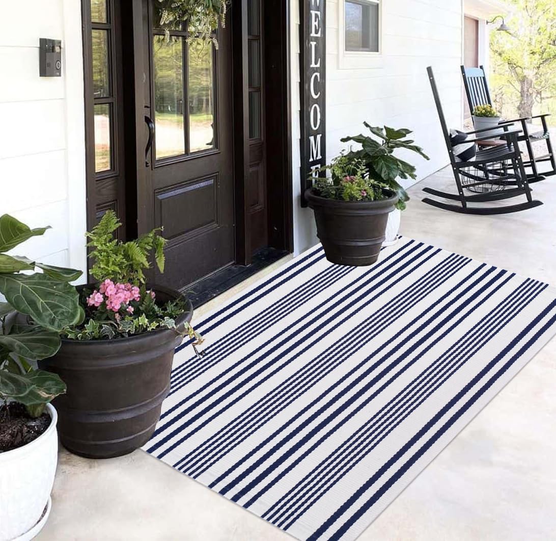 Tappeto per esterni blu e bianco, 9 x 1,5 m, in cotone intrecciato, lavabile, per portico, cortile, soggiorno