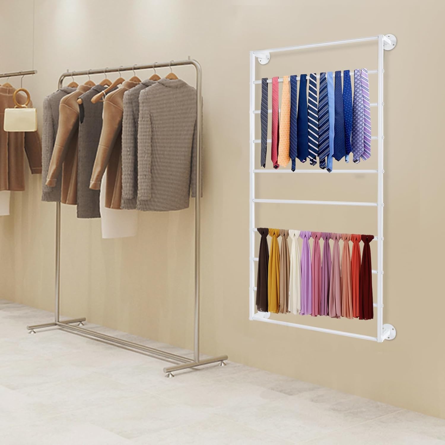 Wall Mounted Scarf Rack, 10 Tiers Display Ties & Scarf Storage Rack, Space-Saving Wrapping Paper Organizer Ribbon Holder Wall Display Rack for Flower Shops, Craft Room (White)