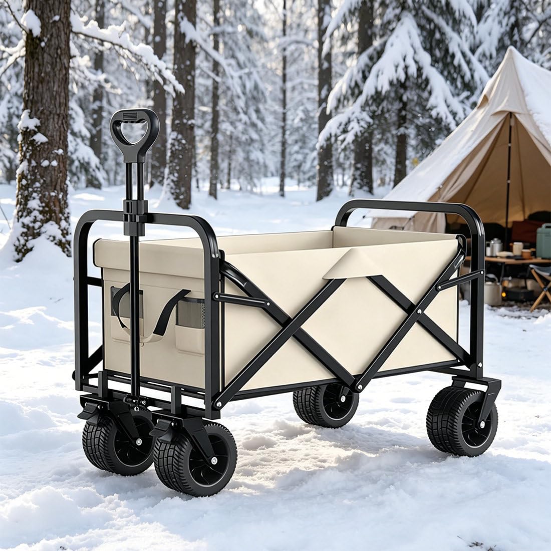 Carrello pieghevole da campeggio con manico regolabile, ruote da 10 cm e doppio sistema frenante per spiaggia, giardino, picnic, shopping e trasporto bagagli