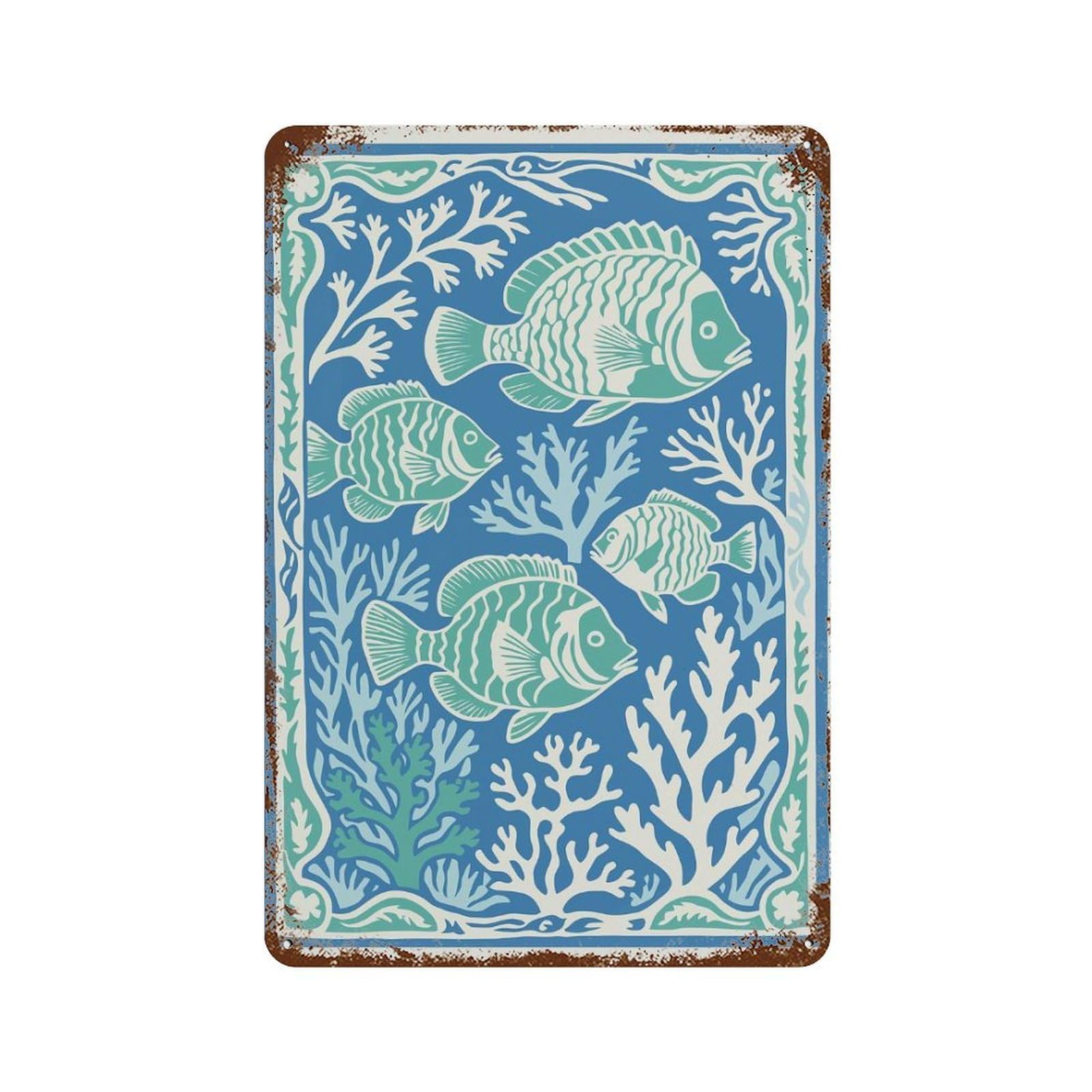 Fish And Coral Illustration Aged Metal Wall Plaque 11.8"x7.9", Classic Wall Plaque for Garage, Pub Or Kitchen