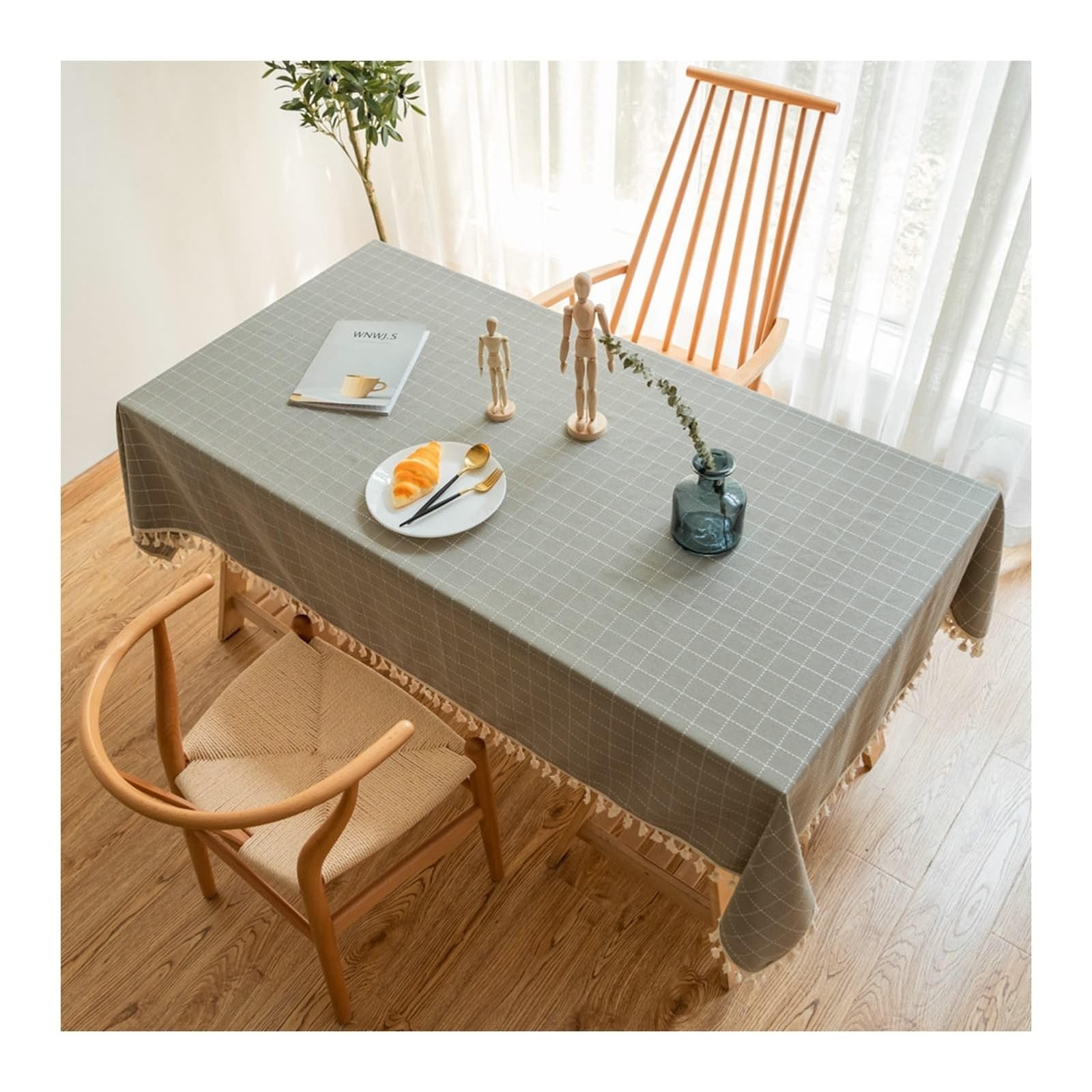 Tischdecke Abwaschbar Grau, Baumwollleinen Tablecloth Stickerei Kleines Karo Tischdecke Rechteck 110x170CM