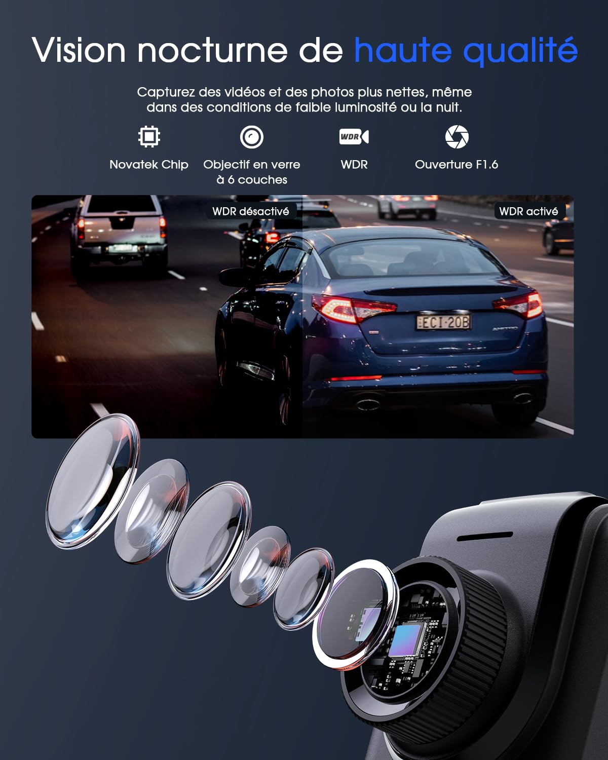 Avylet 2K Dashcam Voiture, 1440P Wi-FI Caméra Embarquée Voiture App, Mini Dash Cam Avant, GPS Externe, Écran IPS de 1.5", Vision Nocturne, WDR, 24H Mode Parking, Capteur G, Enregistrement en Boucle