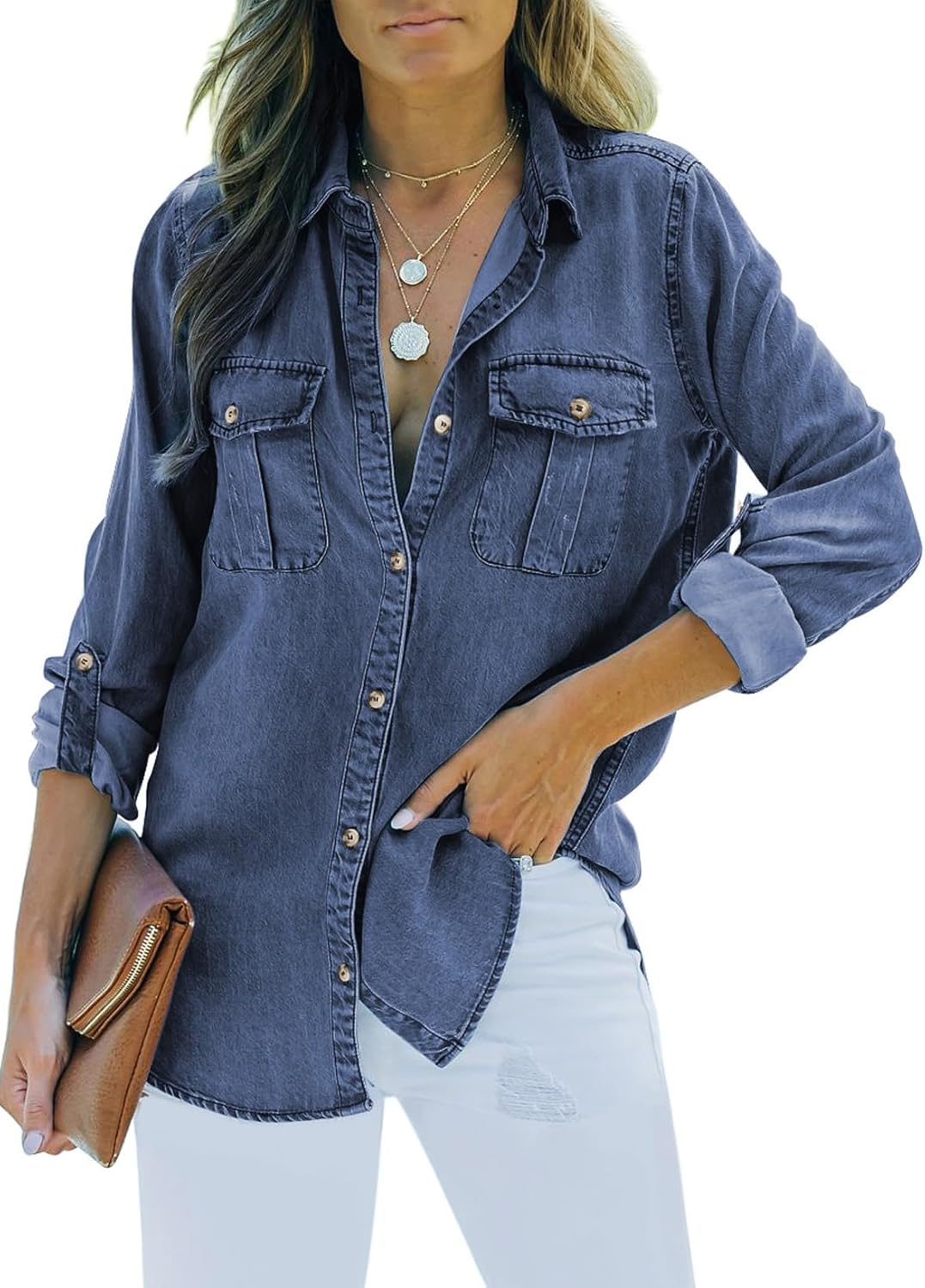 Sidefeel Women's Denim Top Long Sleeve Jean Shirt Button Down Denim Shirt
