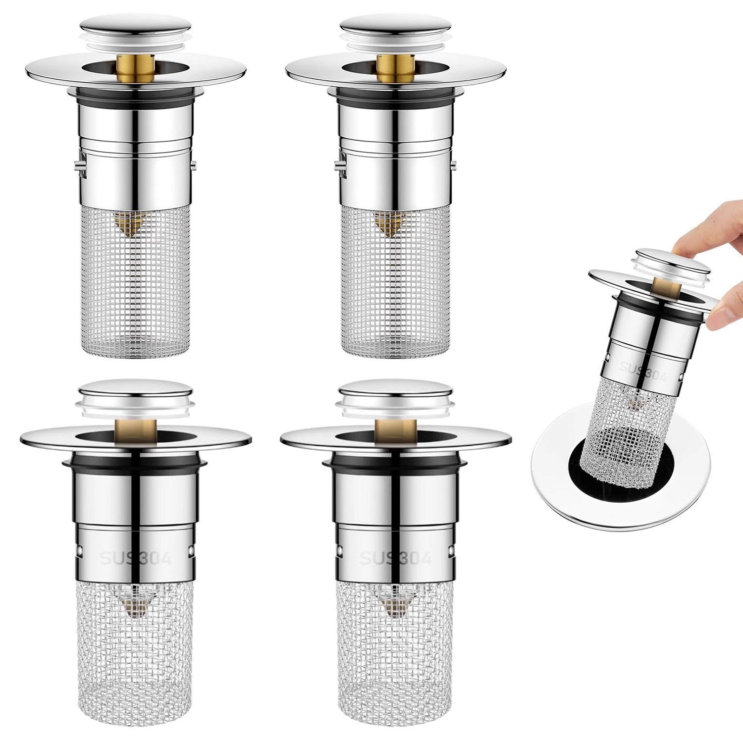 Rnfksu Silver 4 Washbasin Leakage Plugs, Bounce Filter Sink Plugs, Deodorant Drainage Filters, Suitable For Kitchens, Bathrooms, And Wash Basins.