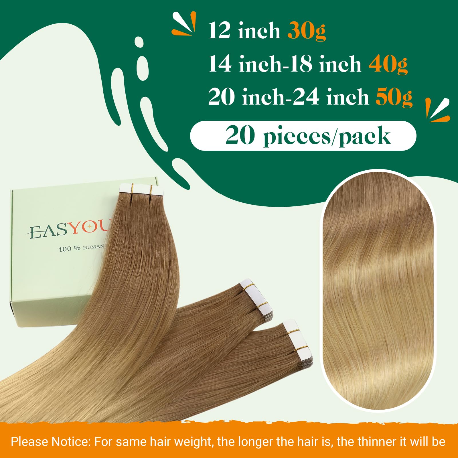 Easyouth Ombre Tape in Hair Extensions Human Hair Invisible Tape in Human Hair Extensions Brown to Golden Blonde Human Hair Extensions Tapes in for Natural Look 12 Inch 30g 20Pcs #10/14 - Image 2