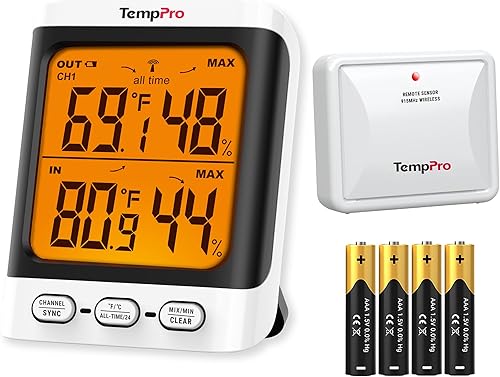 Hidrómetro ThermoPro TP62 digital e inalámbrico para interior y exterior, medidor de temperatura y humedad con pantalla LCD de retroiluminación,