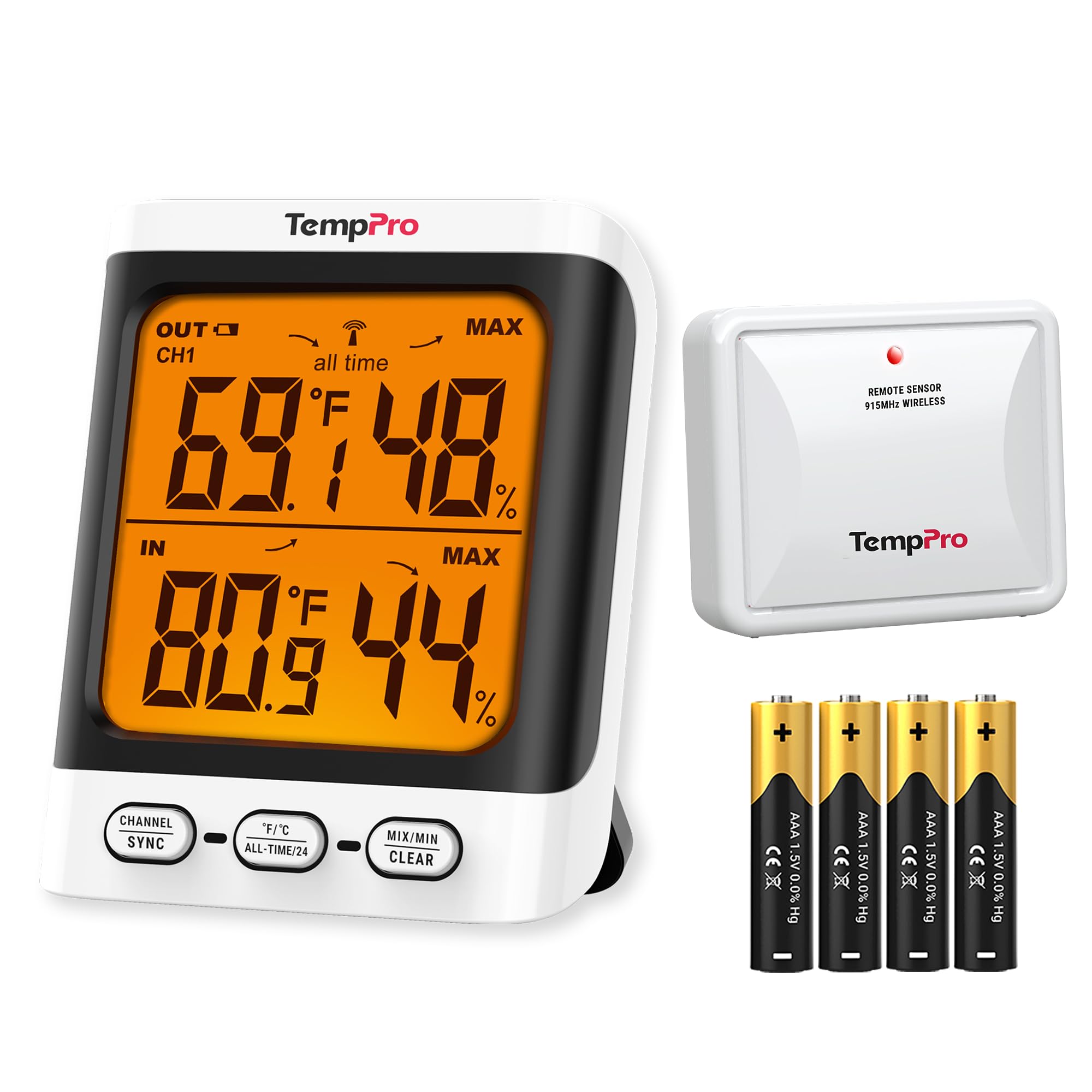 TempPro Indoor Outdoor Thermometer Wireless, 500 ft Outside Thermometer with Cold-Resistant Sensor, Outdoor Thermometer Waterproof for Patio with 3.3" LCD Backlit Display (Previously ThermoPro)