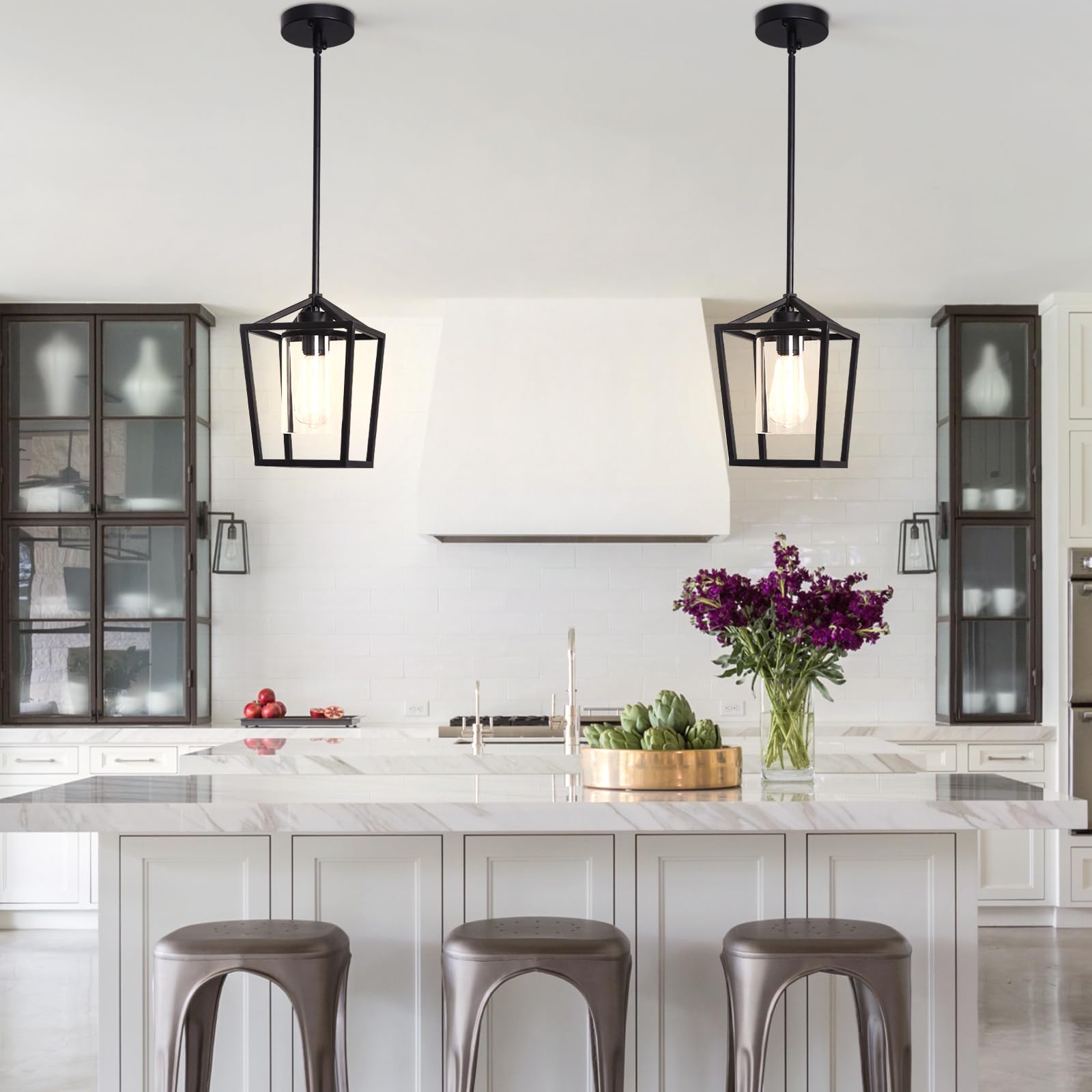 Black Pendant Lights Kitchen Island, 1-Light Light Fixtures, Farmhouse Island Lighting,Lantern Pendant Light for Hallway Foyer Dinning Room with Clear Glass Shade, Adjustable Height