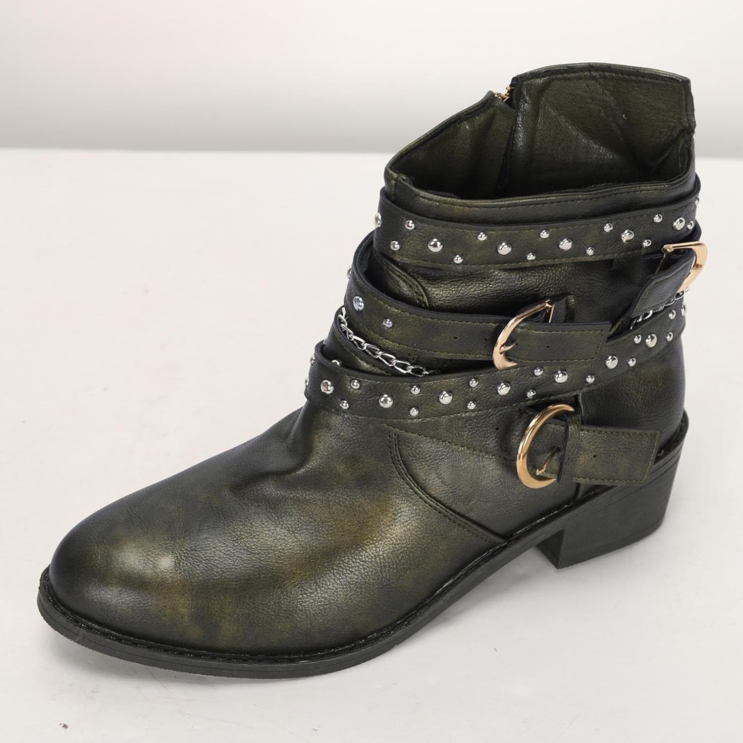 Womens Ankle Boot Fashion Studded Leather Block Heel Strap Trim Punk Boots Winter Side Zipper Short Booties