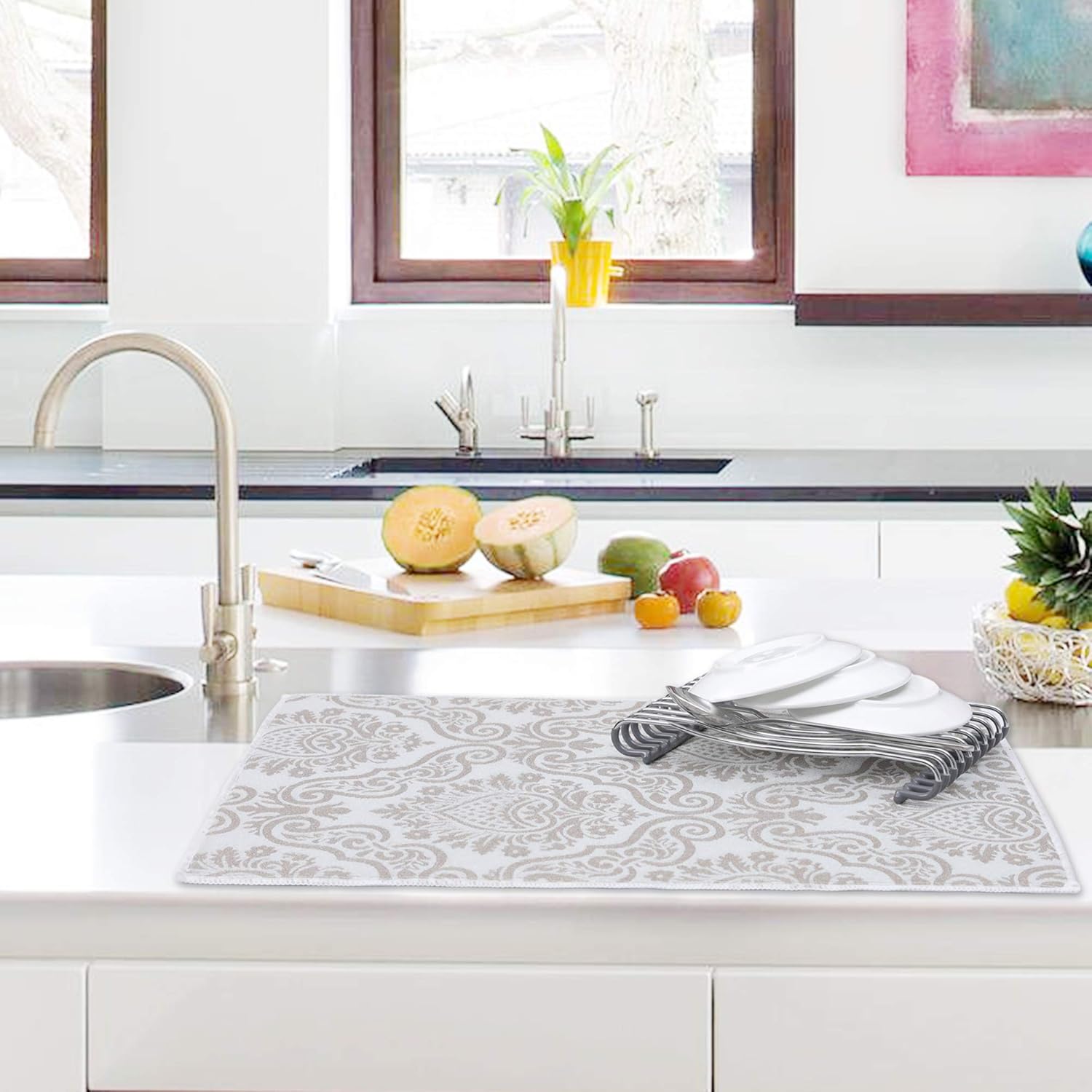 STARHOO Dish Drying Mat for Kitchen Counter Large Size 15 x 20 Inch Absorbent Dish Drying Pad Machine Washable Grey Vine 2 Pack: Home & Kitchen