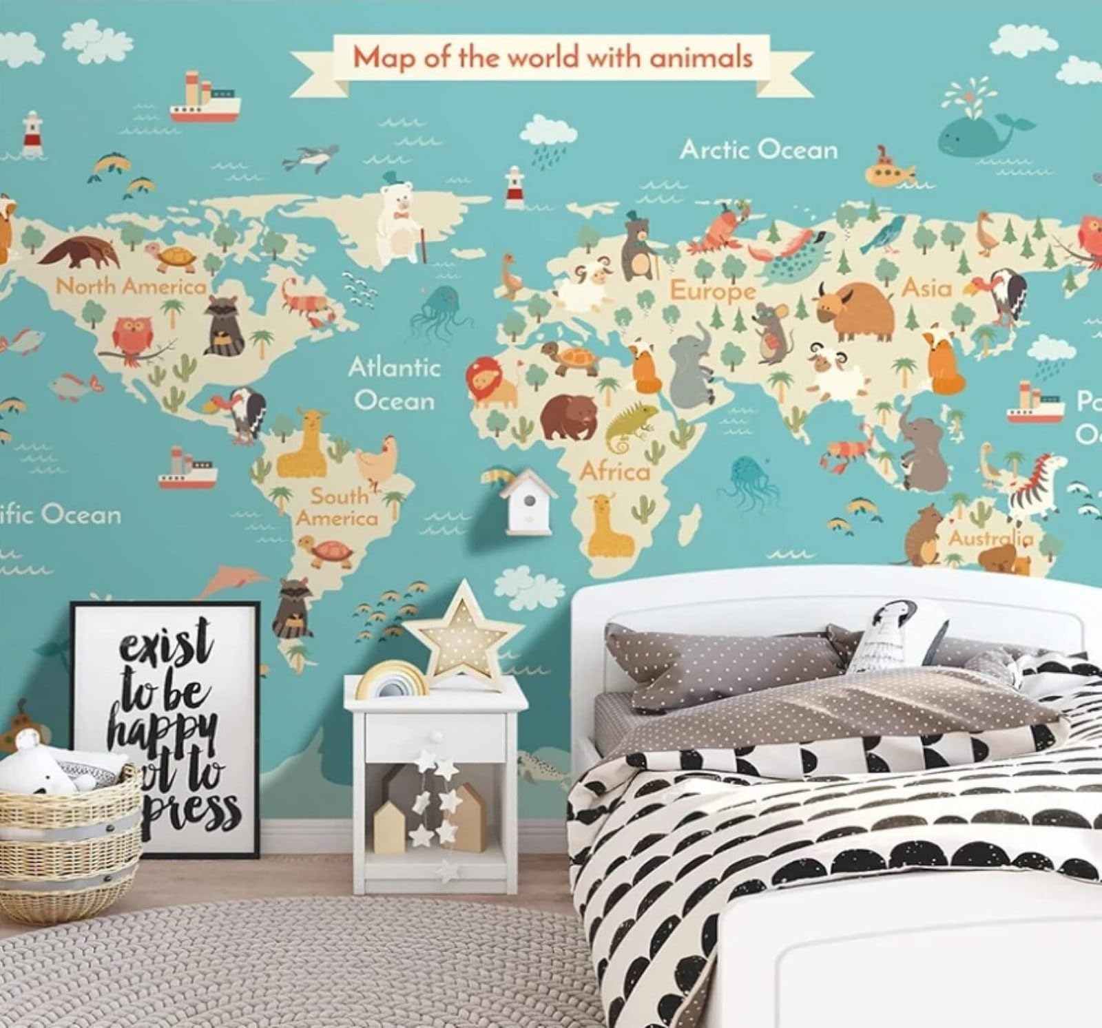 XLMING Cartoon Fresh Creative Animals World Map 3D Wallpaper Luxury Silk Study Dining Feature Sofa Grey Bedroom Living Room Tv Decorative Wall-350cm×256cm