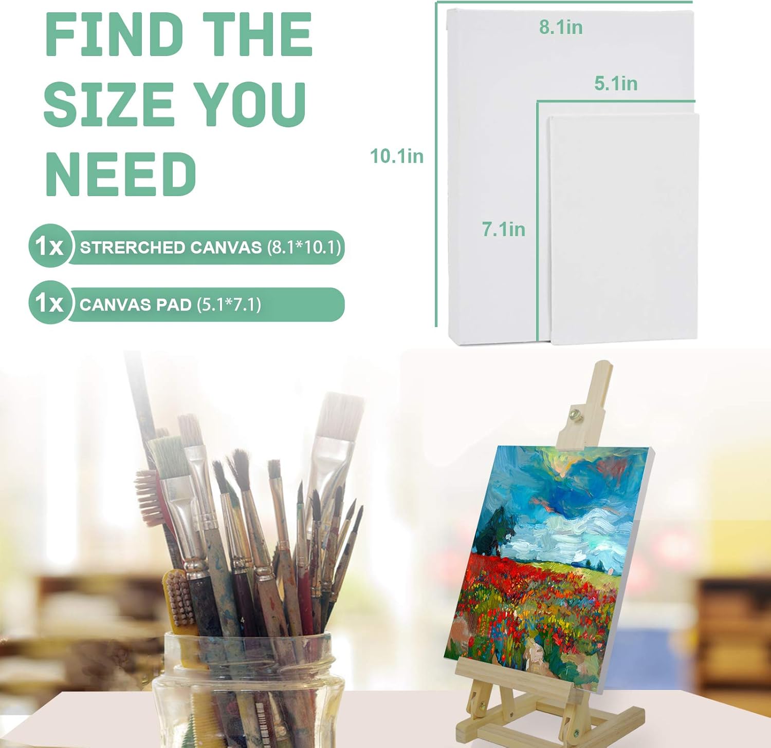 TAVOLOZZA 26 Pcs Acrylic Painting Supplies Kit, 17" Beech Wood Table Easel, 12 Non Toxic Washable Paints, 8 x 10 Stretched Canvas, 5 x 7 Canvas, 8 Brushes, 2 Palette Knife, 1 Palette