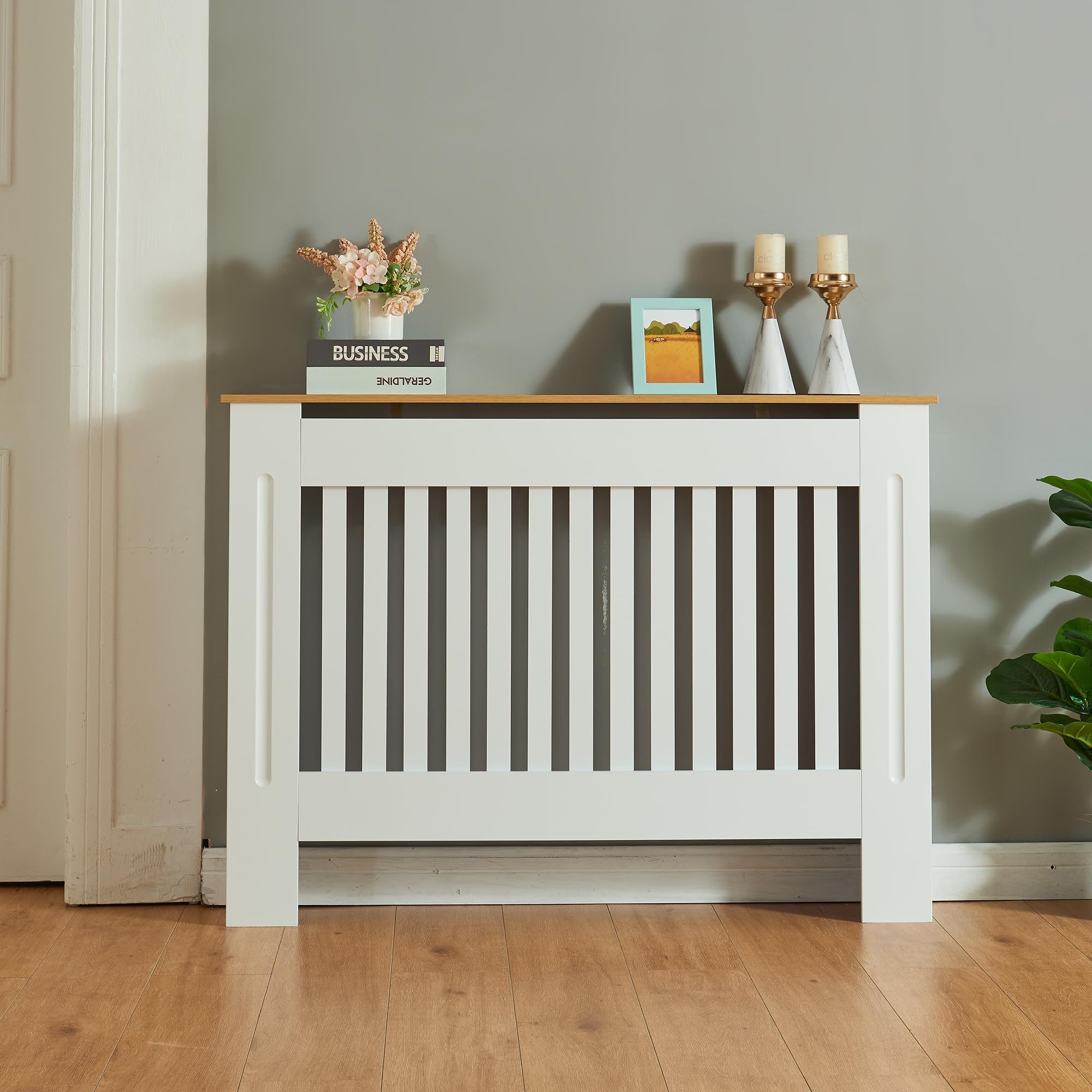 Panana Radiator Cover Cabinet, Modern Painted MDF with Slatted Grill Design (White with wood top, M)