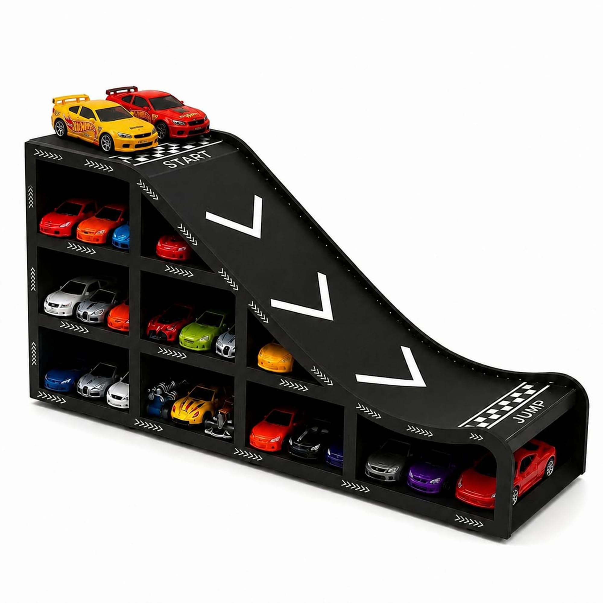 Toy Car Display Track for Hot Wheels Style Cars, 1:64 Diecast Car Storage Organizer, Kids Car Parking Garage with Racing Ramp, Holds up to 22 Mini Cars, MDF Tabletop Display Rack for Boys Room Gift-picture-35