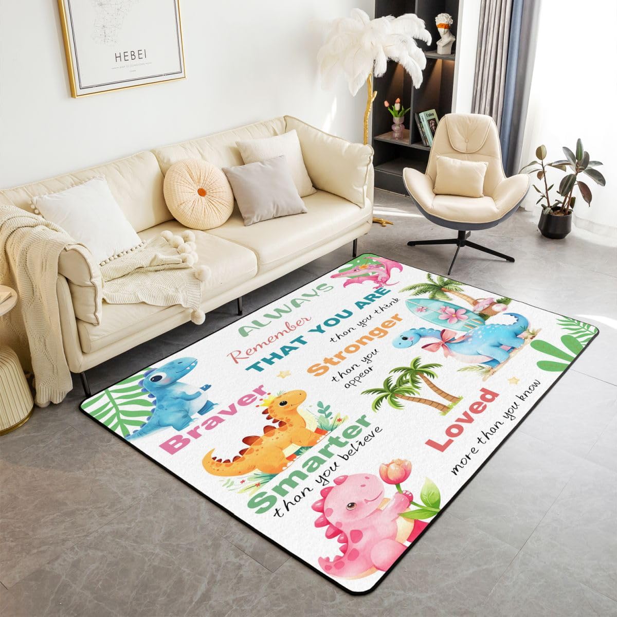 Homewish Kawaii Dino Teppich 100x150 Niedlicher Dinosaurier Rug Prähistorische Dinosaurier Teppiche Wohnzimmer Dschungel Tier Carpet Living Room Kinderteppich