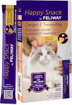 Happy Snack by FELIWAY, Delicious, Lickable, Squeezable Puree Cat Treats for a Daily Calming Routine, Made with Real Chicken, 12 Pack 0.5oz Tubes