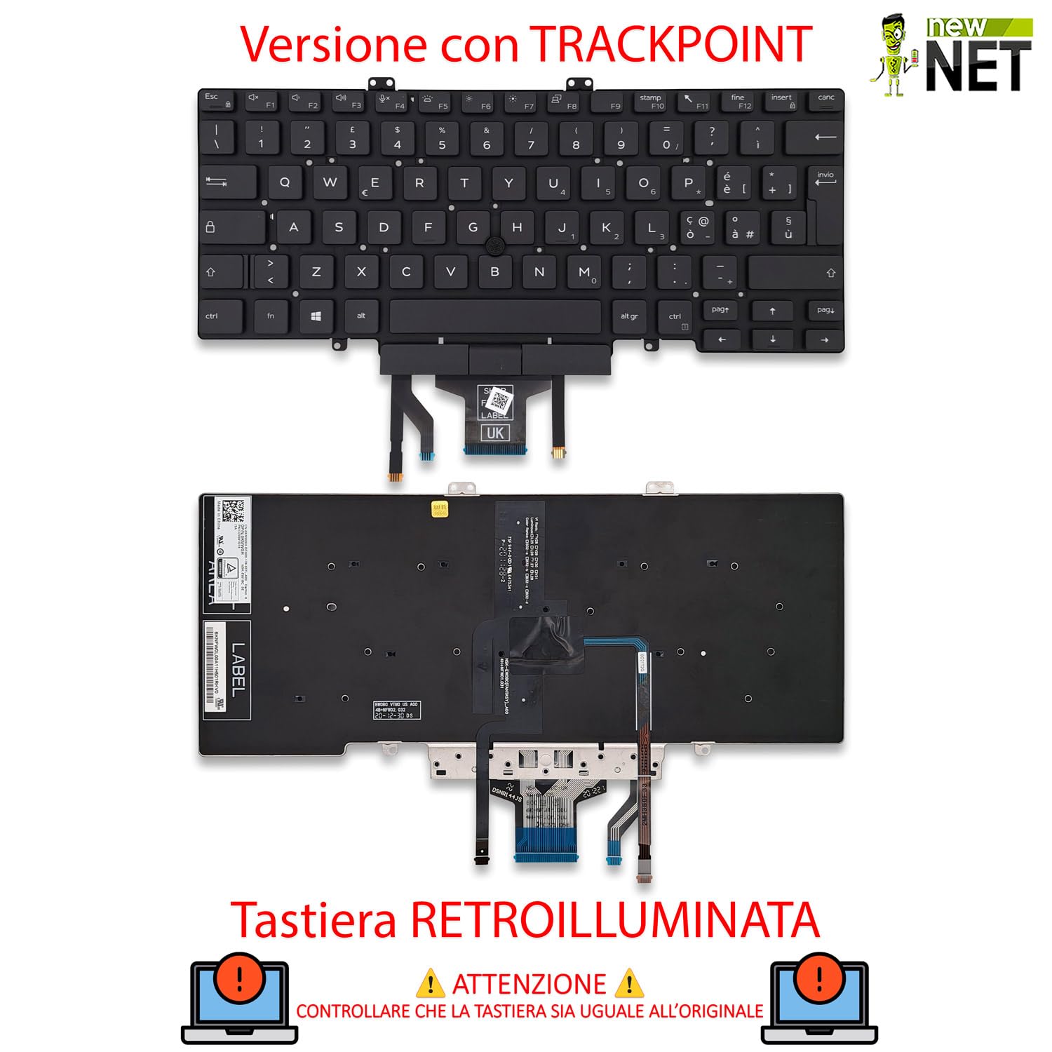 new net - Tastiera compatibile con Dell Latitude 5400, 5401, 5410, 5411 [Senza frame - colore tasti Nero - Trackpoint - Retroilluminata - Layout ITA]