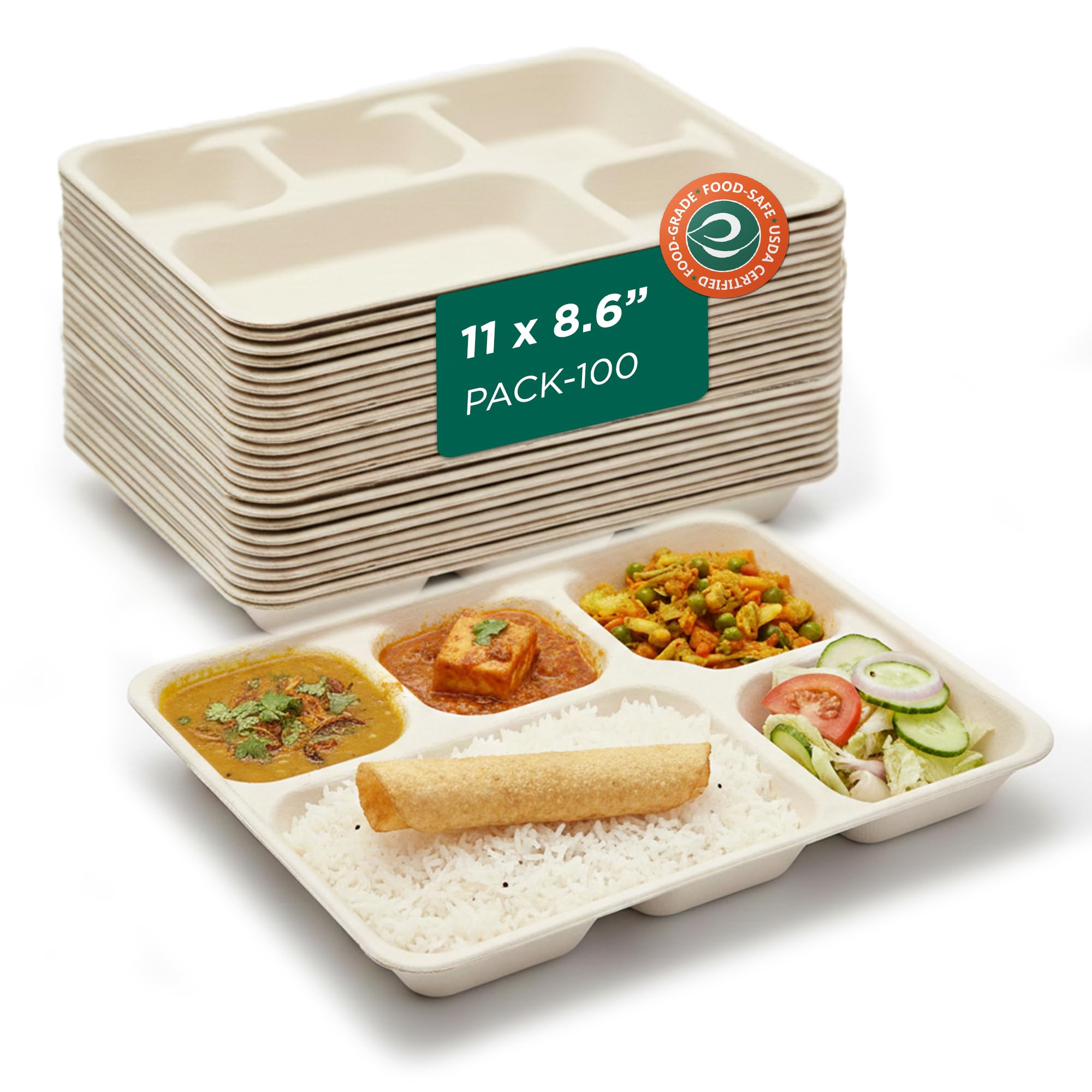 ECO SOUL [100 Pack, 5-Compartment] Disposable Meal Tray | Compostable Bagasse Plates | Eco-Friendly Biodegradable Dinner Plates | Party, Wedding, Event Plates