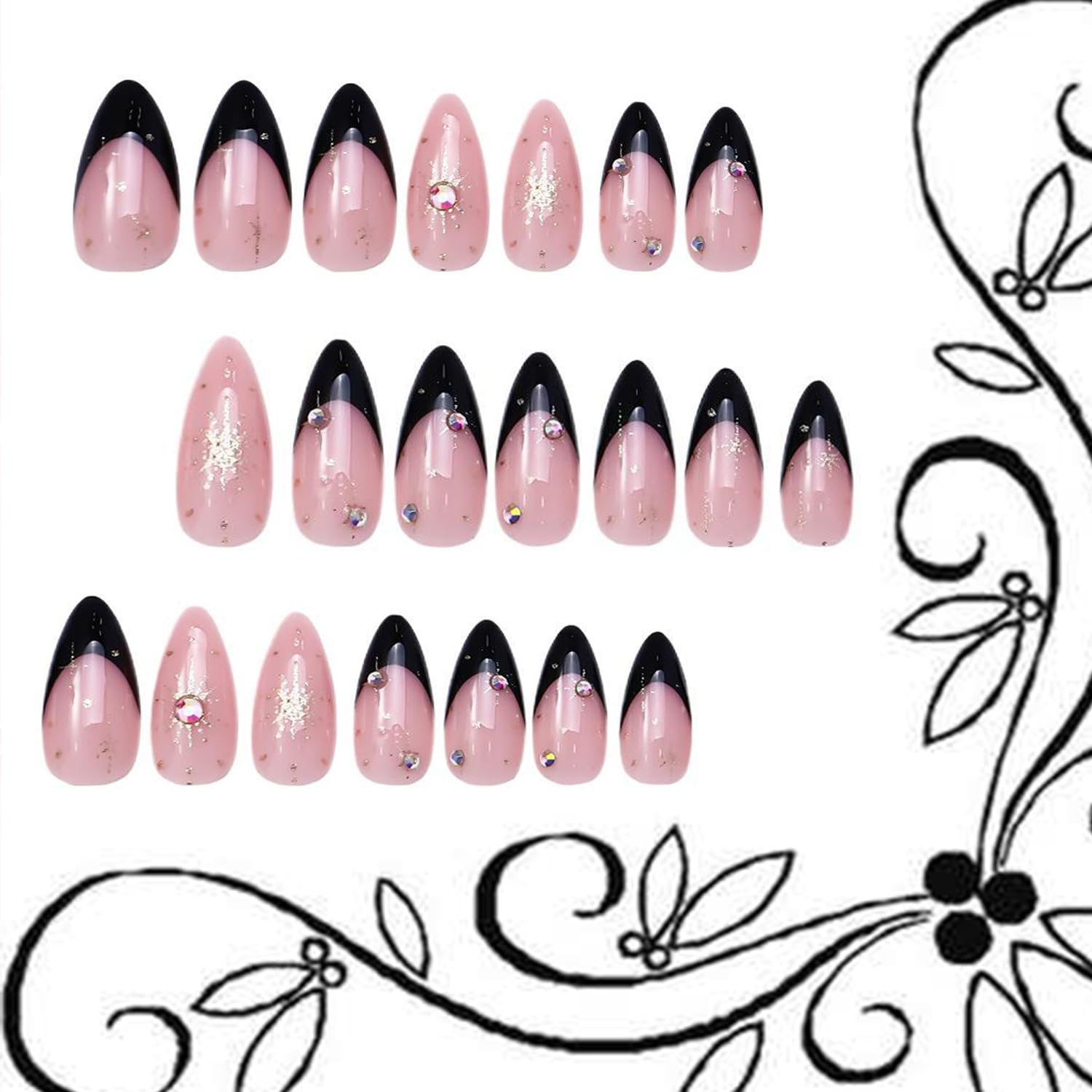 Schwarze French Tip Press on Nails Medium Gold Glitter Strass Design Mandelspitze Press Ons Falsche Nägel Vollabdeckung Künstliche Nägel Wiederverwendbar Handgemachte Nägel zum Aufkleben für Frauen 24