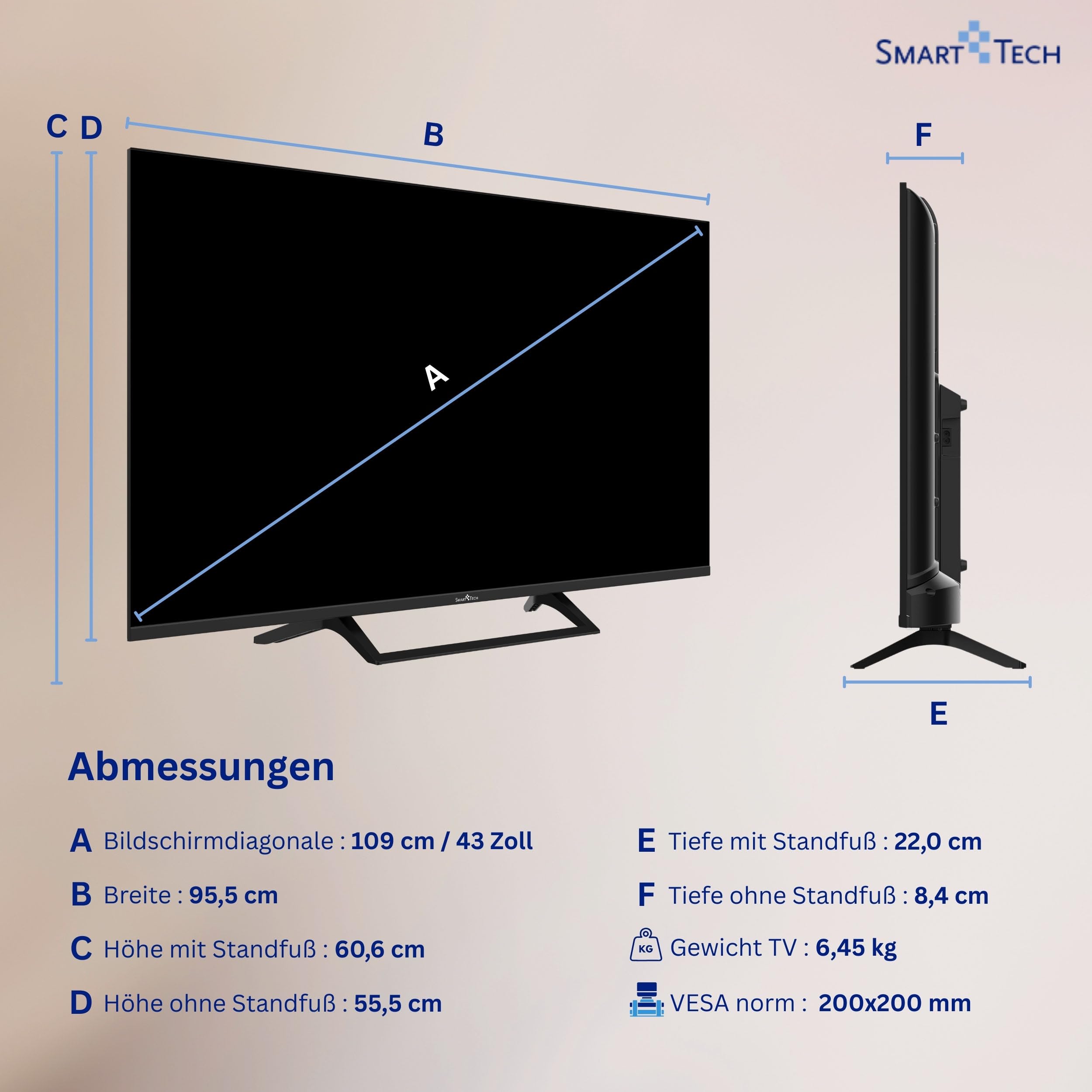 Smart Tech 43QG06V QLED Fernseher 43 Zoll Google TV - 4K UHD mit HDR, Bluetooth und Triple-Tuner, 3X HDMI, 2X USB (2026)