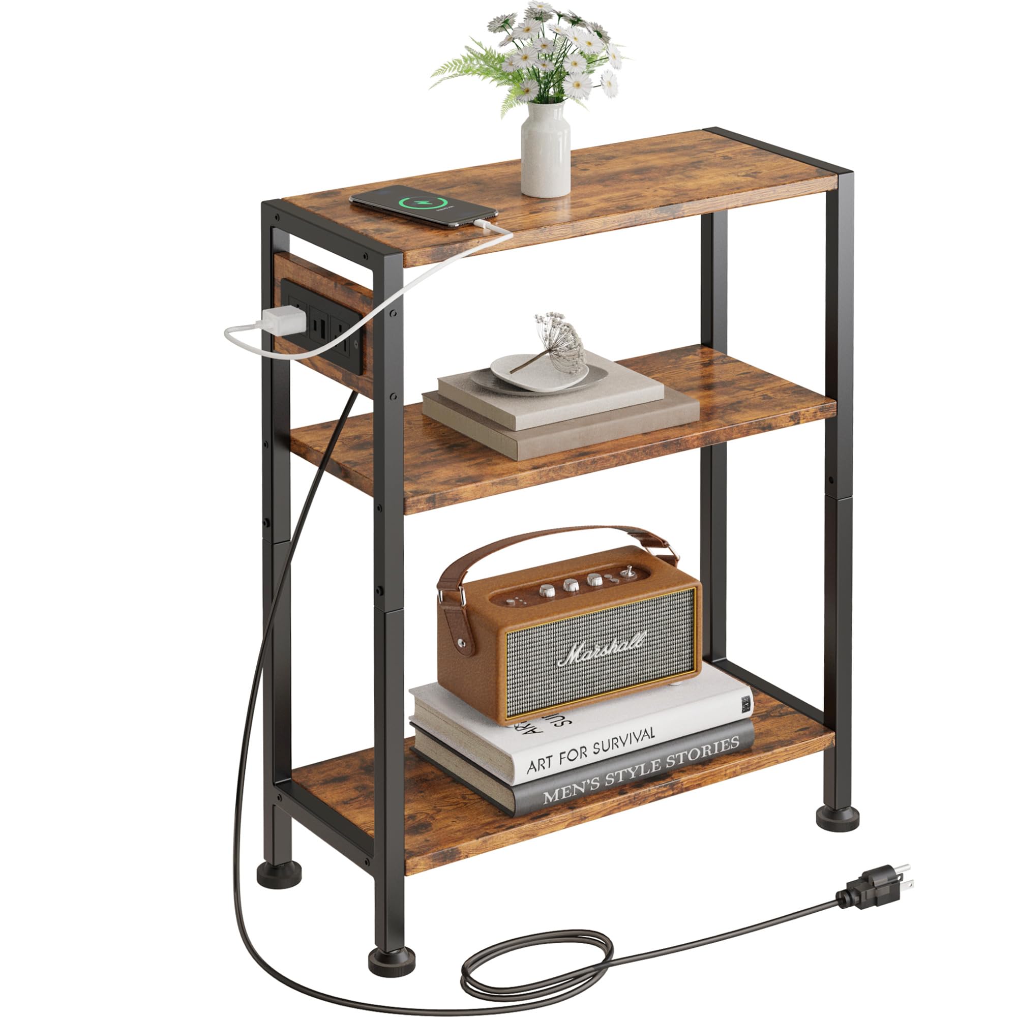 Vantimo End Table with Charging Station, 3-Tier Side Table for Small Space, Skinny Nightstand with USB/Type C Port and 2 Outlets, Slim Beside Table