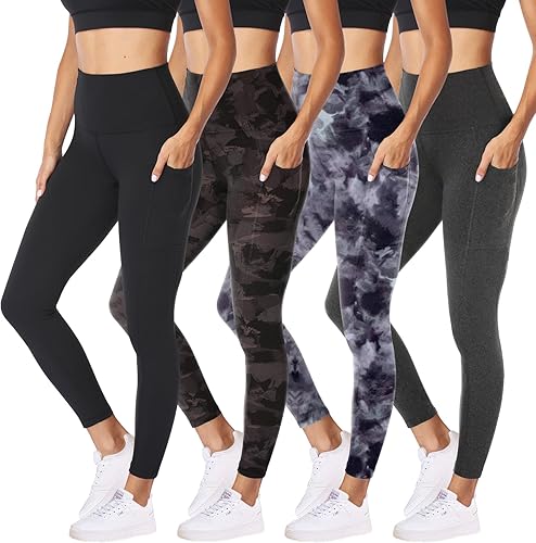 Miniatura 38 de NexiEpoch - Paquete de 4 leggings suaves para mujer, con bolsillos, control de abdomen y cintura alta, pantalones capri para yoga y ejercicio