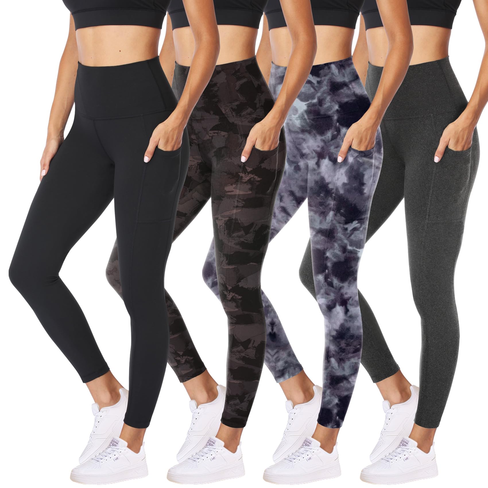 NexiEpoch 4 Pack Leggings for Women - High Waisted Tummy Control Soft Black Capri Yoga Pants with Pockets for Workout