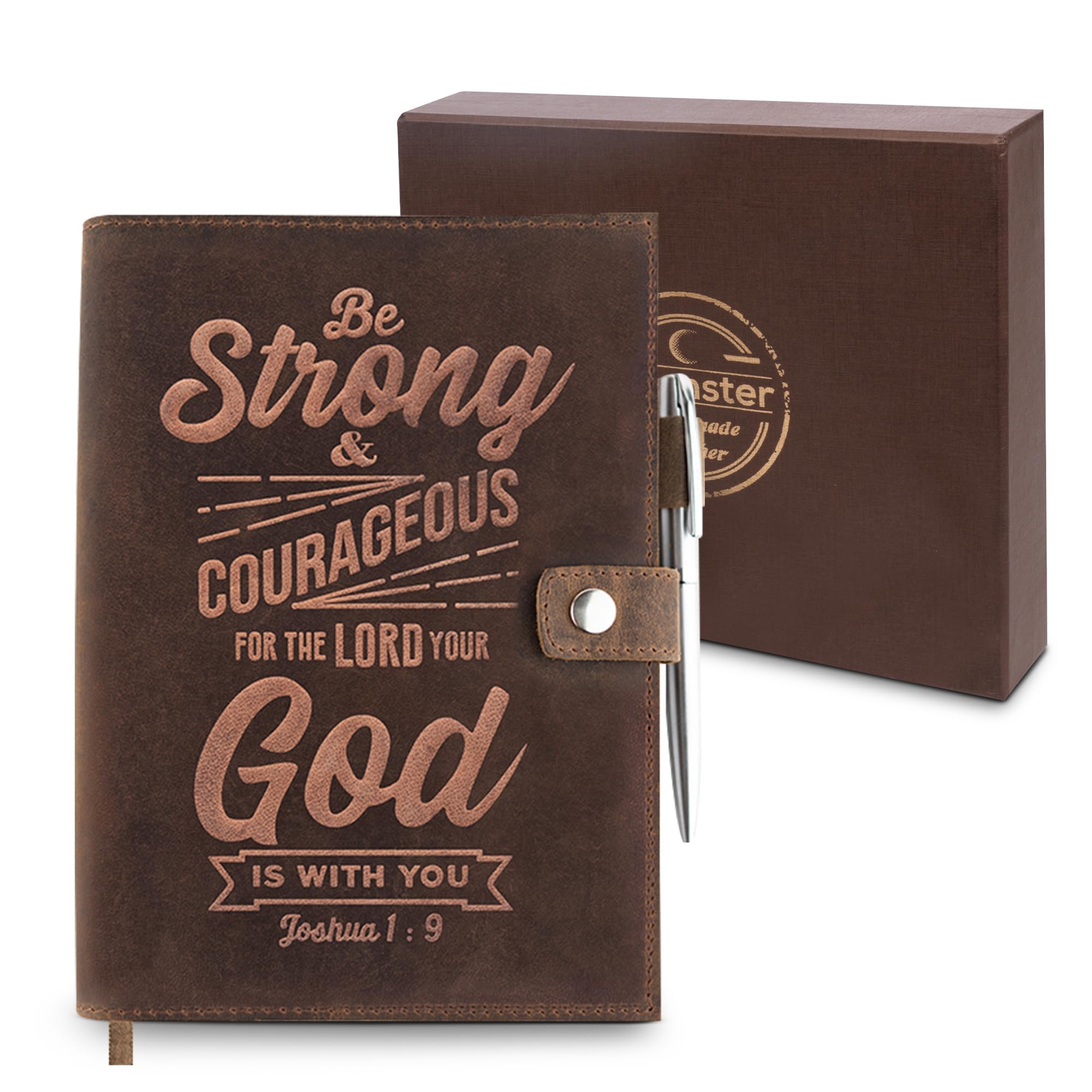 Moonster® Journal ligné en cuir Joshua 1v9 Inscription Bible en relief Journal rechargeable en cuir de buffle rustique fabriqué à la main avec 320 pages de papier ligné A5 Comprend un stylo argenté