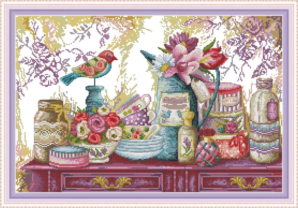Wowdecor Cup Cross Stitch Embroidery Kits For Adults Kids, Colorful Flowers Birds 11Ct Stamped Diy Dmc Needlework Easy Beginners
