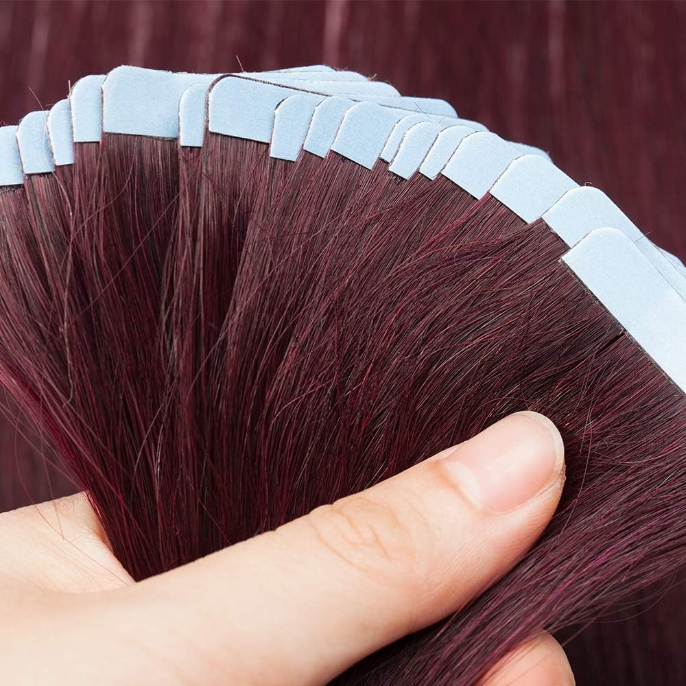 40pcs Tape in Hair Extensions 100% Remy Human Hair Straight Skin Weft Hair Extensions (16inches 100g, #99J Wine Red) - Image 5