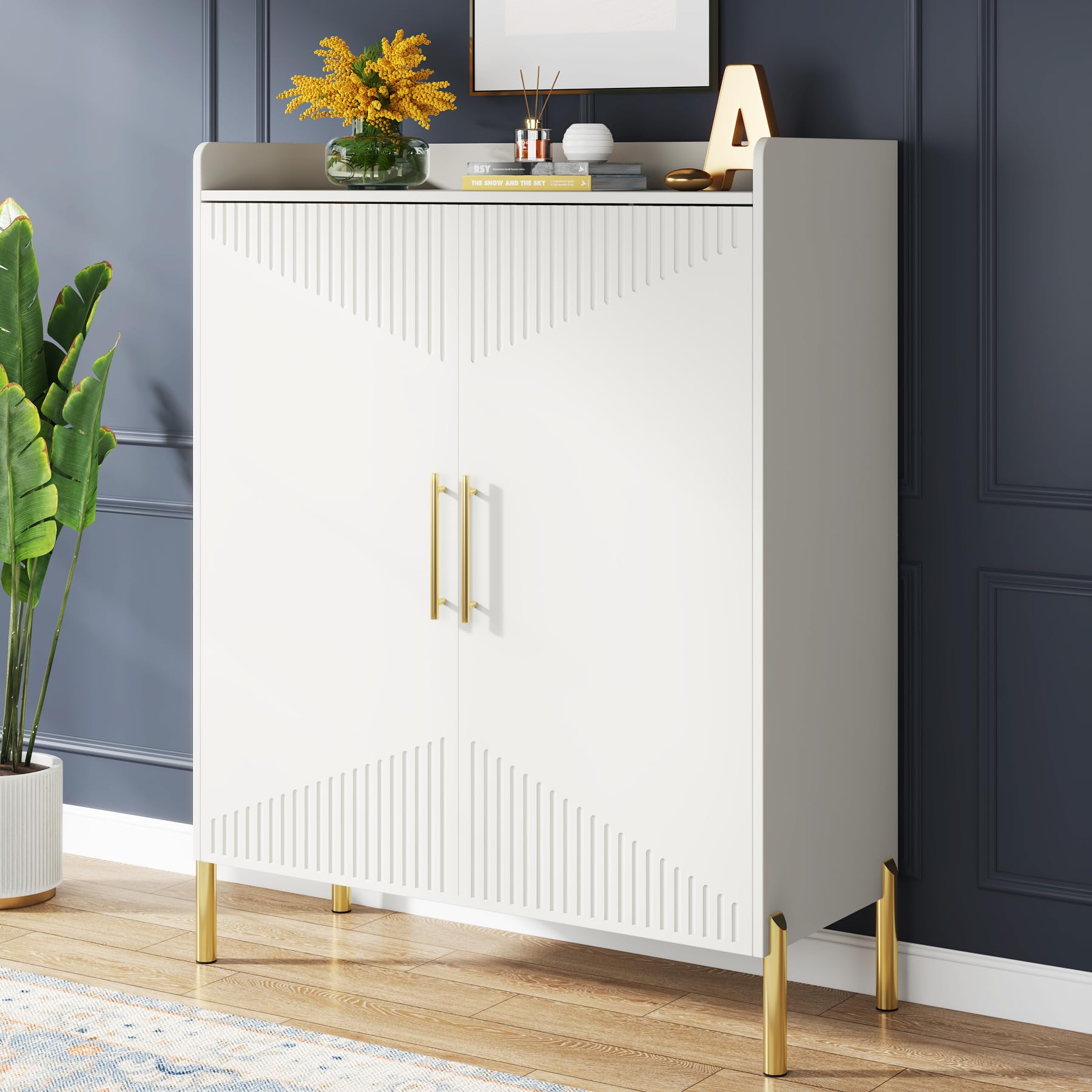 Large Shoe Cabinet with Doors, 6-Tier Entryway Shoe Storage Cabinet with Shelves, 30 Pairs Modern Shoes Rack Organizer for Hallway, Closet, Bedroom, Living Room, White & Gold