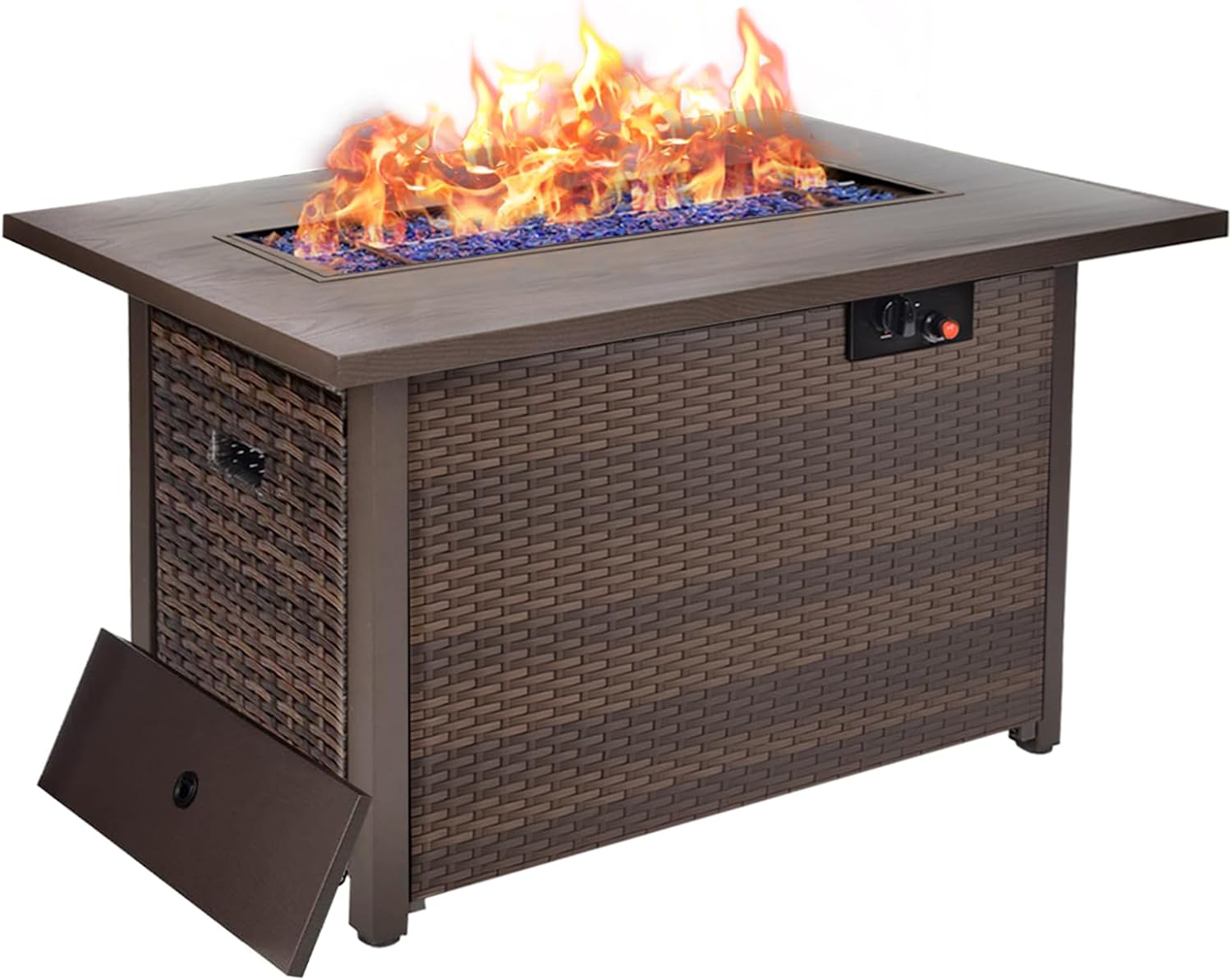 43" Propane Fire Pit Table, Patio Dining Fire Pit Table, 50,000BTU CSA Certified, Tile, Aluminum, & Wicker Details, with Lid&Wind Guard, Outdoor Fire Pit Accessories Included, for Garden, Yard