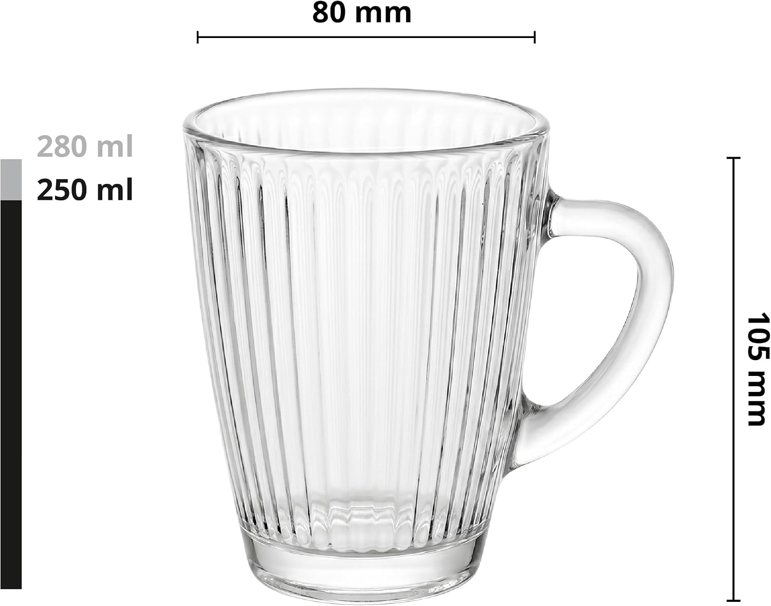 Glasmark KROSNO 1992 Glasses Set 250 ml - 6 Drinking Glasses with Handles - Ribbed Coffee Glasses for Cappuccino, Latte Macchiato, Tea and Matcha - Dishwasher Safe