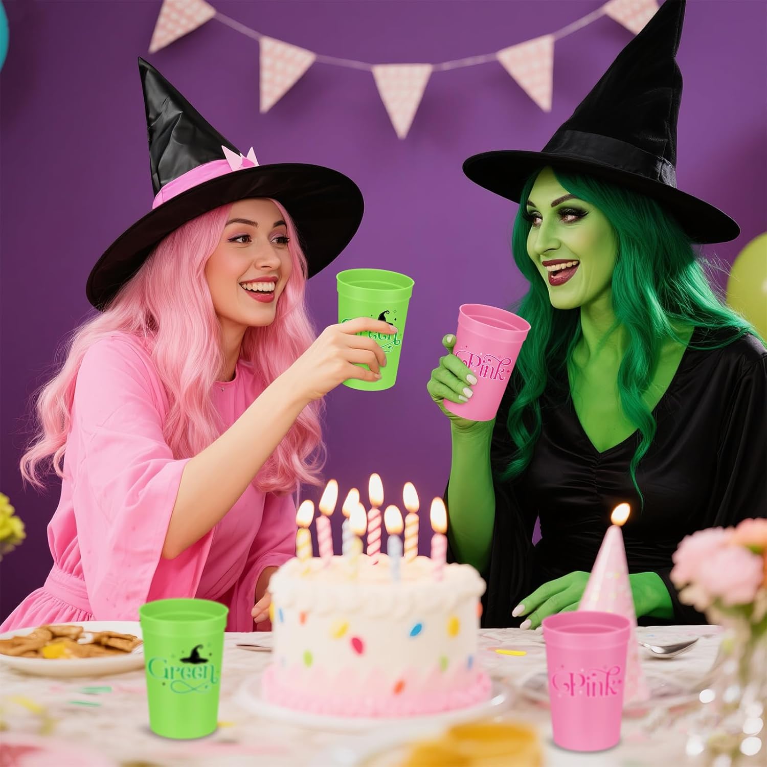 Qinyoung 48 Pcs Witch Party Decoration 16 oz Pink and Green Plastic Cups Reusable Drinking Tumblers Bulk for Witch and Princess Themed Birthday Party Favors Supplies - Image 4