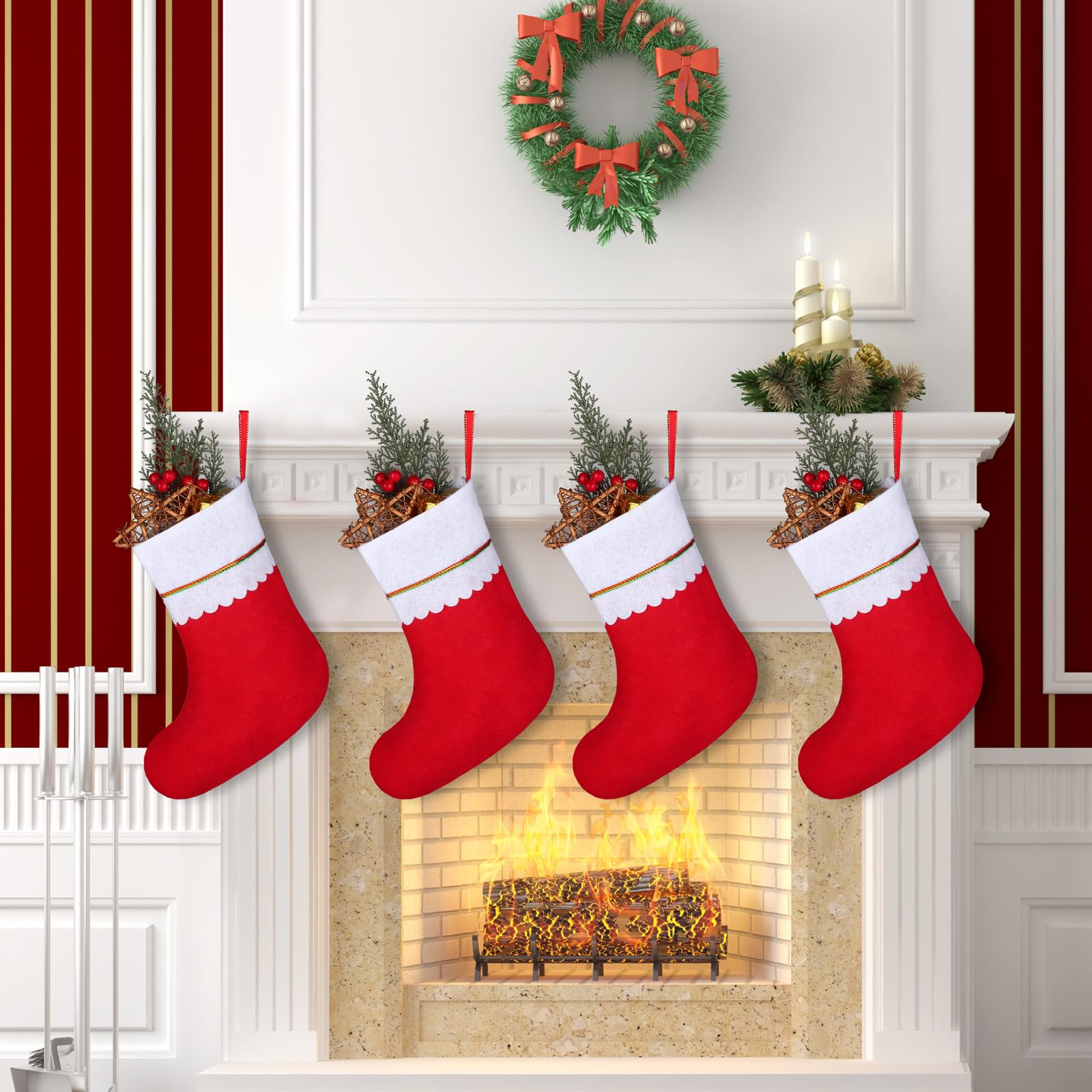 Fovths 24 Stück 45,7 cm rote Weihnachtsfilzstrümpfe mit weißem Plüschbesatz, große rot-weiße Kamin-Hängestrümpfe für Familie, Urlaub, Dekoration, Weihnachtsfeier, Gastgeschenke