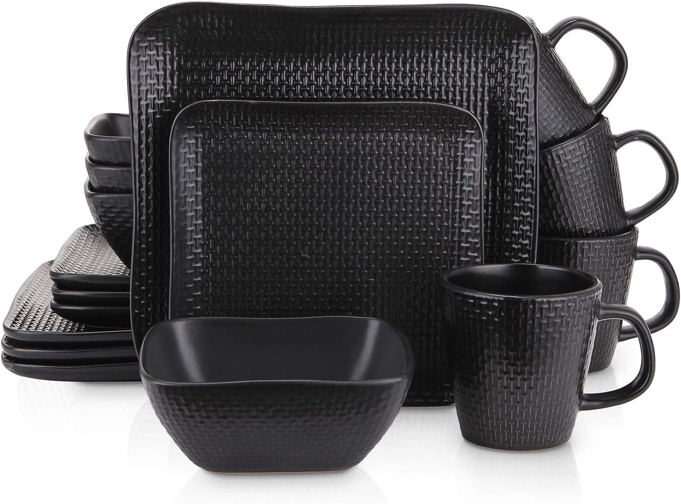 Stone Lain 16 Piece Stoneware Dinnerware set, Square, Weave, Black