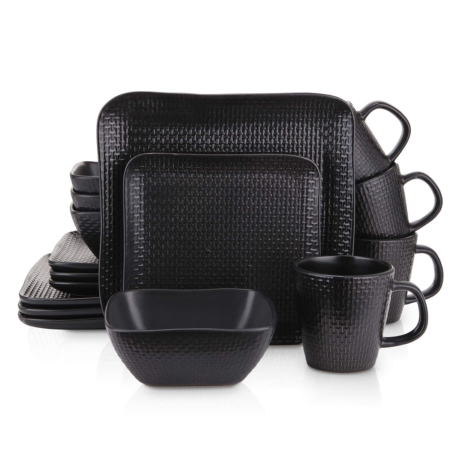 16 Piece Stoneware Dinnerware set, Square, Weave, Black