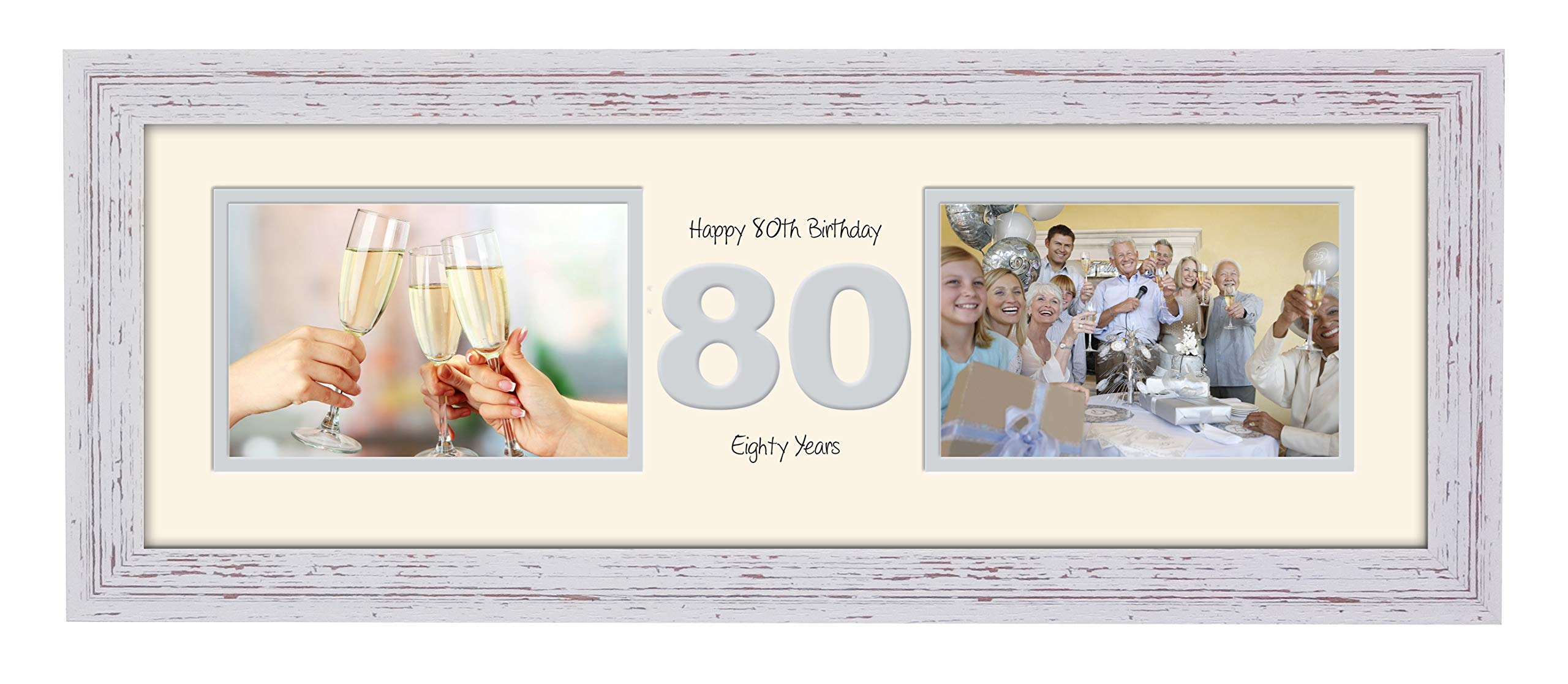 80th Birthday Photo Frame Eightieth Gift Takes Two 6”x4” Landscape Photos 1229A (Shabby Chic Finish Frame Cream Mount Grey Inside)