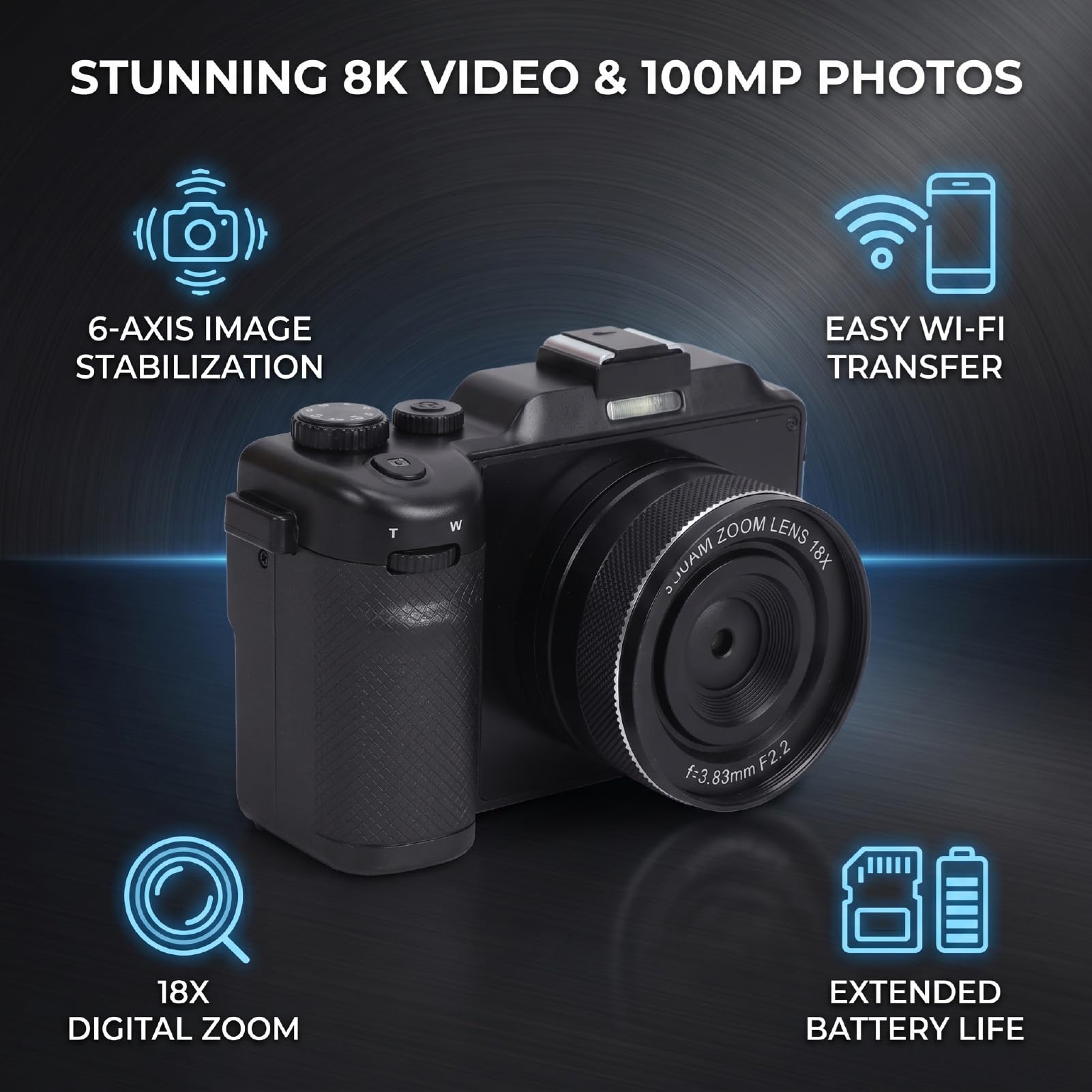 Generic Cámara Digital 8K, Cámaras WiFi de 100MP para Fotografía con Lente Dual de Pantalla HD de 3 Pulgadas, Enfoque Automático con Zoom 18X, Flash Incorporado, 8 Filtros Creativos, (64GB)