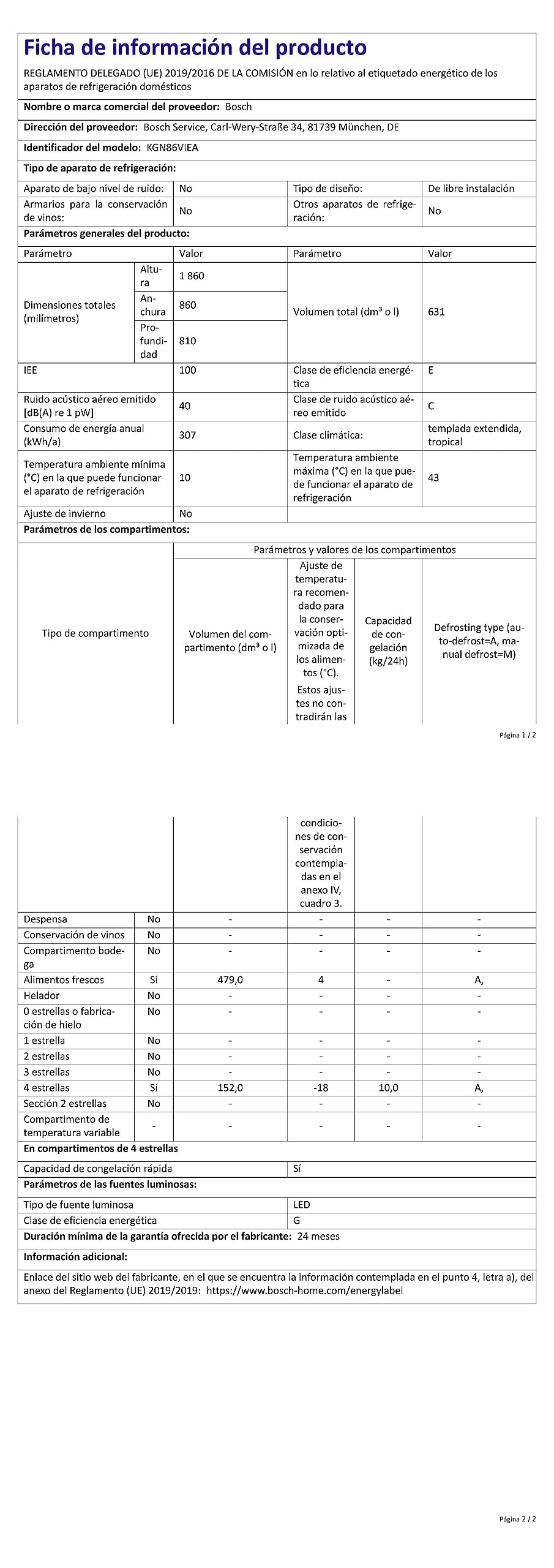 Bosch KGN86VIEA Serie 4 Frigorifero Congelatore, 186 x 86 cm, 479 L Raffreddamento + 140 L, No Frost - mai più sbrinamento, Illuminazione a LED, Perfect Fit - Posizionamento senza distanza