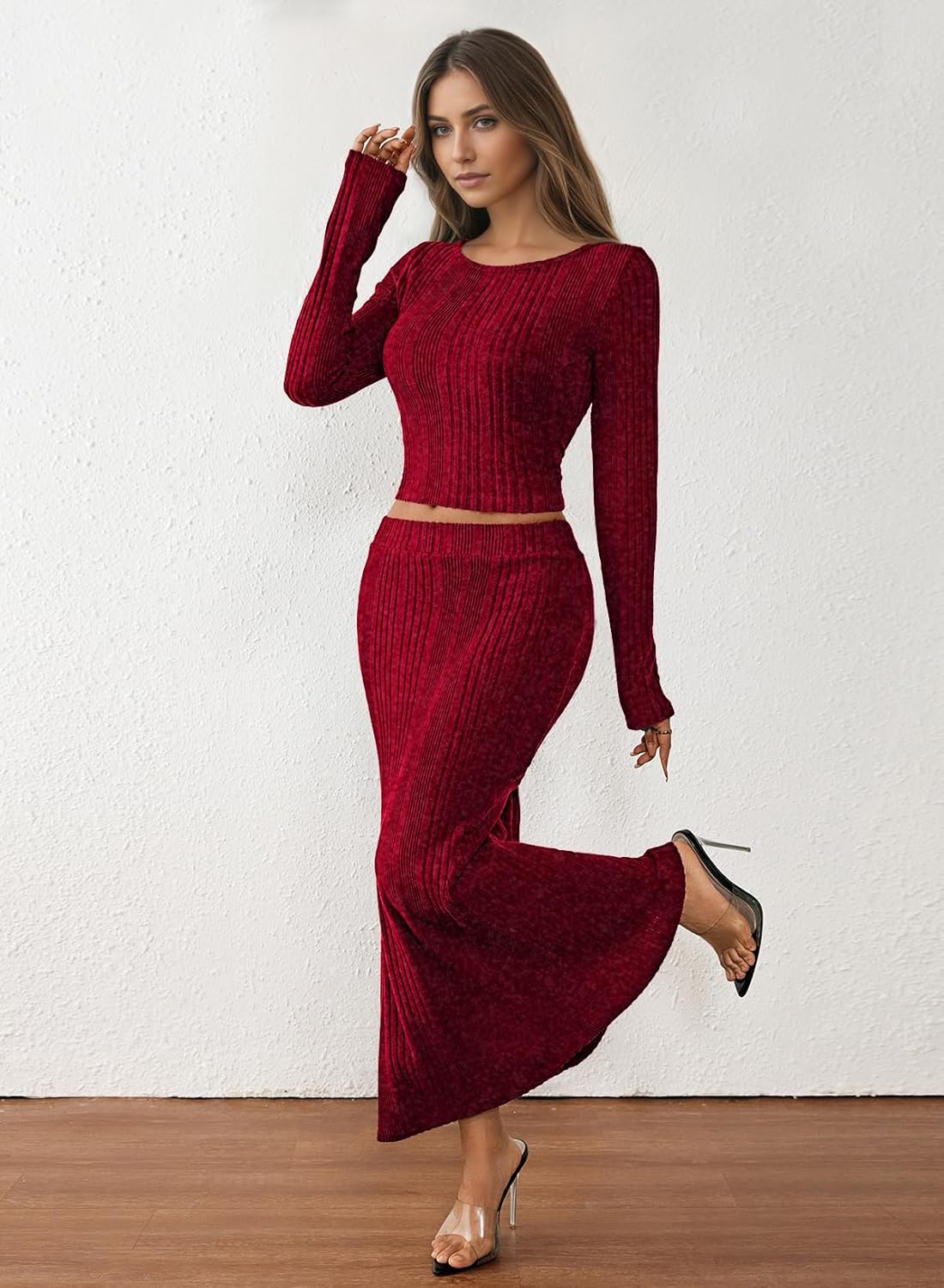 HUUSA Skirt Sets for Women 2 Piece Outfits 2026 Fall Crop Top Maxi Skirt Set Going Out Dress Trendy - Image 3