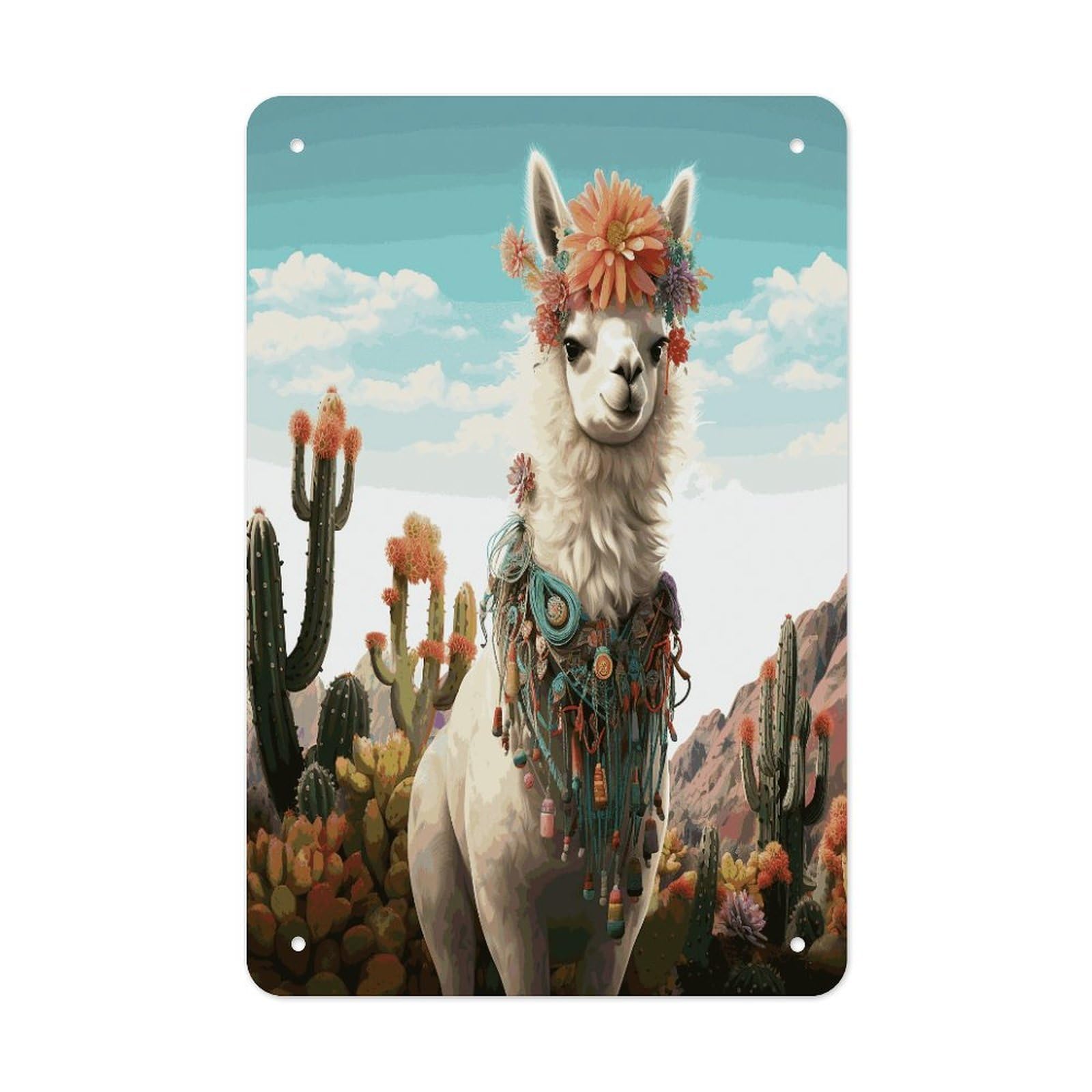 LDGSUPH Mexican Llama Cactus Wall Art Prints Folded Edge Iron Sheet Painting with Holes for Wall Prints Decorative Picture Metal Signboard Decor Painting for Outdoor Indoor Wall Decor