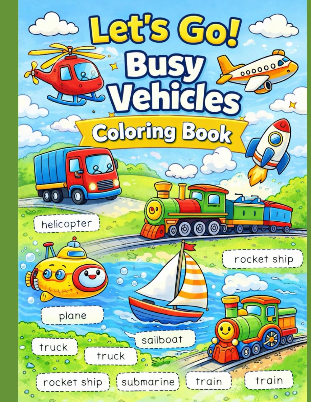 Let’s Go! Busy Vehicles Coloring Book: Color, Trace & Learn Words with Fun Pictures