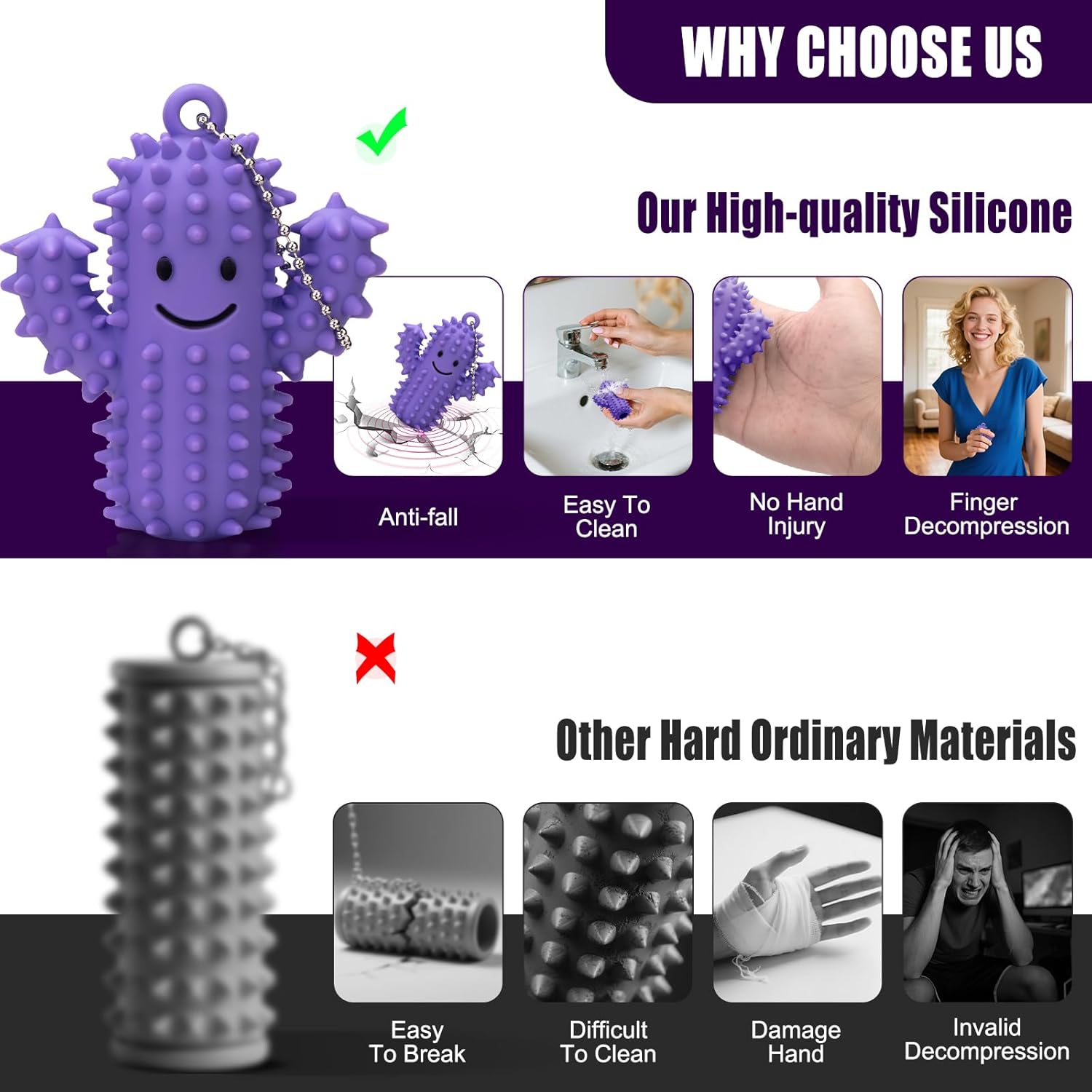 Silicone Little Ouchies Pain Fidget, Cactus Pain Stim Tool Fidget Toy for Adults, Pain Stimming Fidget, Spiky Grippie Stim Keychain for Hard Spiky Sensory Toys Anxiety Relief Fun Gifts, Purple