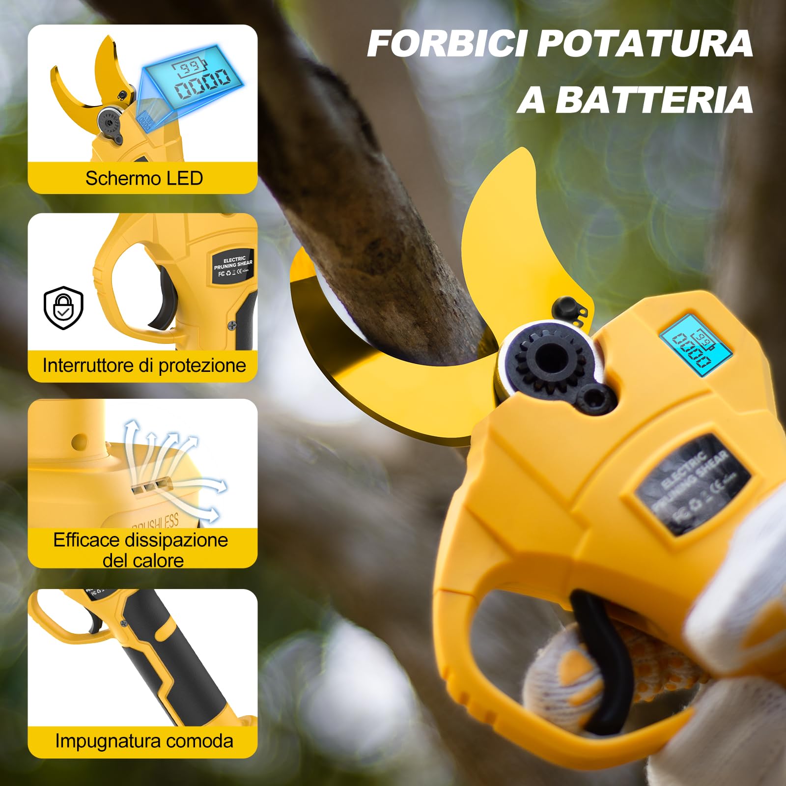 Forbici Potatura a Batterie, 40-50 mm Brushless Cesoie Potatura Elettriche Professionali con LCD Display, 2x2000mAh Batterie，SK7 Lame,Forbici Potatura Elettriche per Giardinaggio,Frutteto,Fattoria