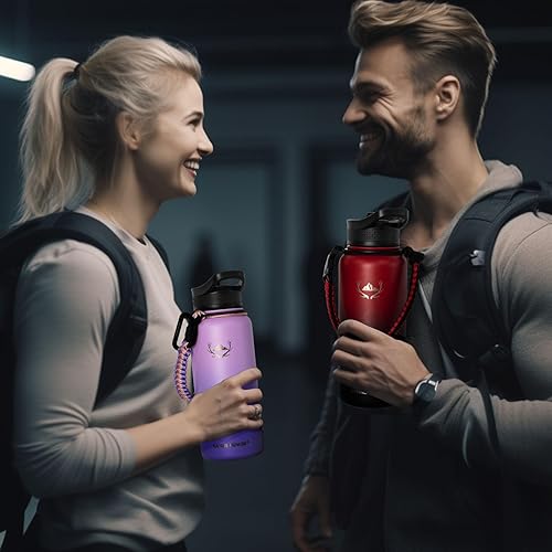 Miniatura 9 de NATURE PIONEOR Botellas de agua aisladas con mango de paracaídas, 24324064 onzas, botella de agua deportiva de boca ancha con 3 tapas, de acero