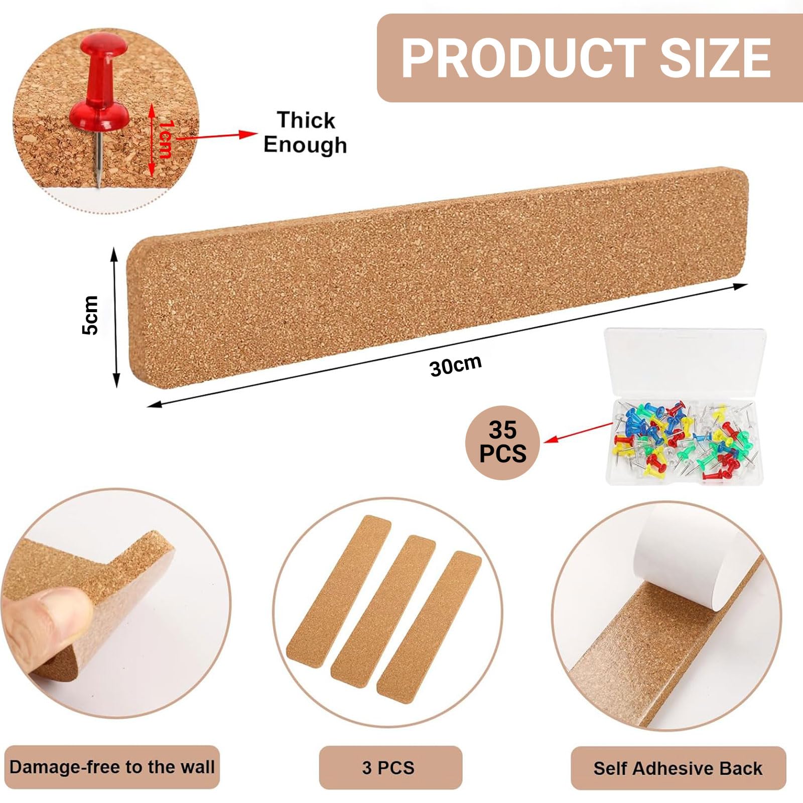 Tiras de corcho para pared autoadhesivas, 3 unidades, 3x2 pulgadas, con 50 chinchetas