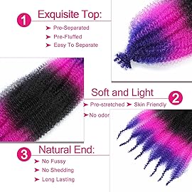 Hbegant Afro Twist Hair 24 Inch 3 Packs, Springy Afro Twist Hair Pre Fluffed Spring Twist Hair Pre Stretched Wrapping Hair for Soft Locs Hair Extensions (24 Inch (Pack of 3), 1B/Purple/Blue